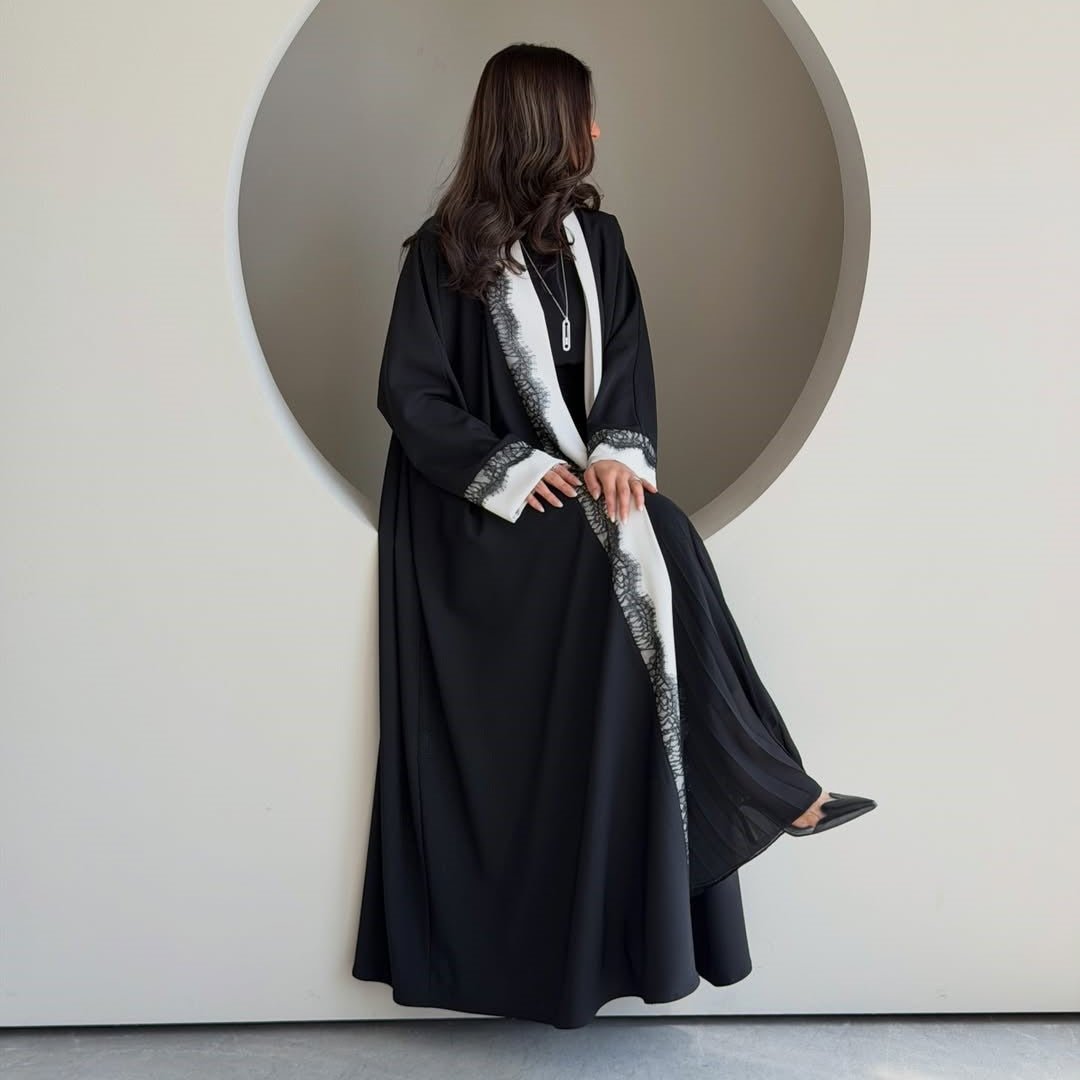 Black & White Lace Trim Open Abaya(MOA311)