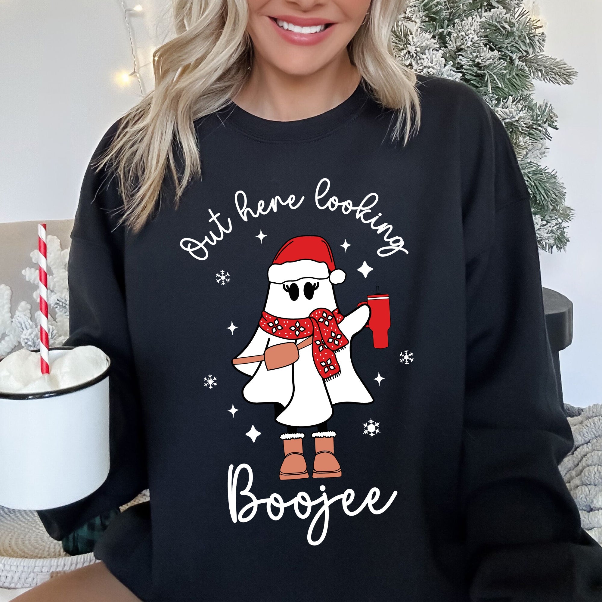 Boojee Ghost Bougie Christmas Holiday Humor Cozy Winter Wardrobe Festive Spirit Sweatshirt