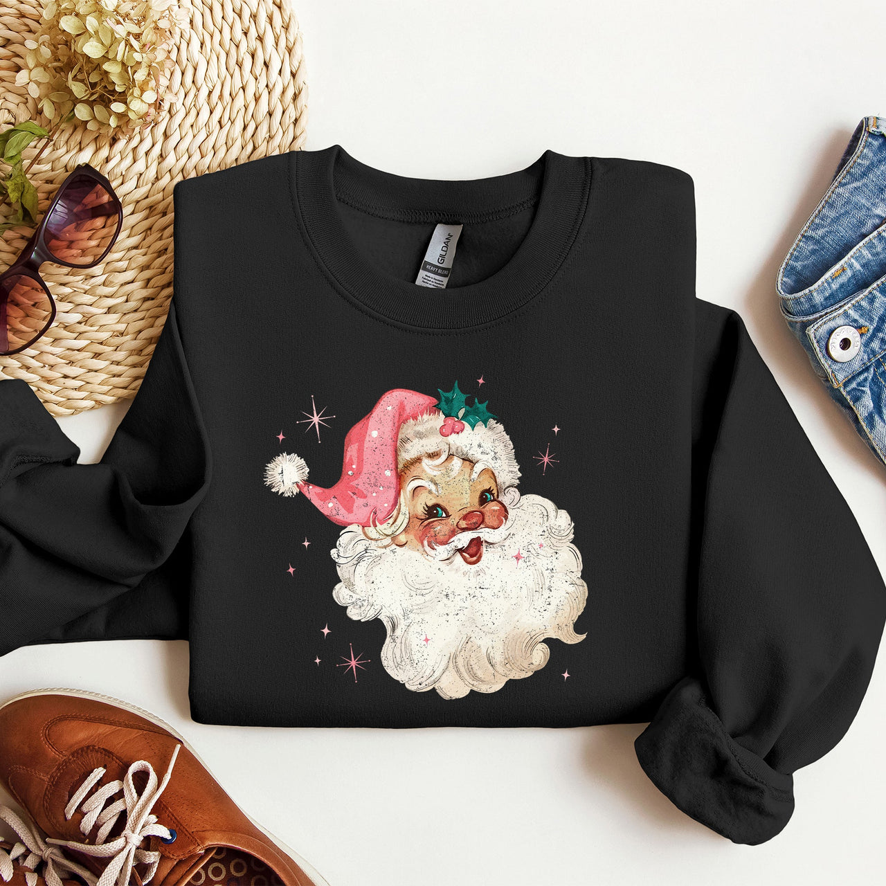 Retro Santa Vintage Classic Christmas Star Motif Warm Cozy Holiday Spirit Sweatshirt