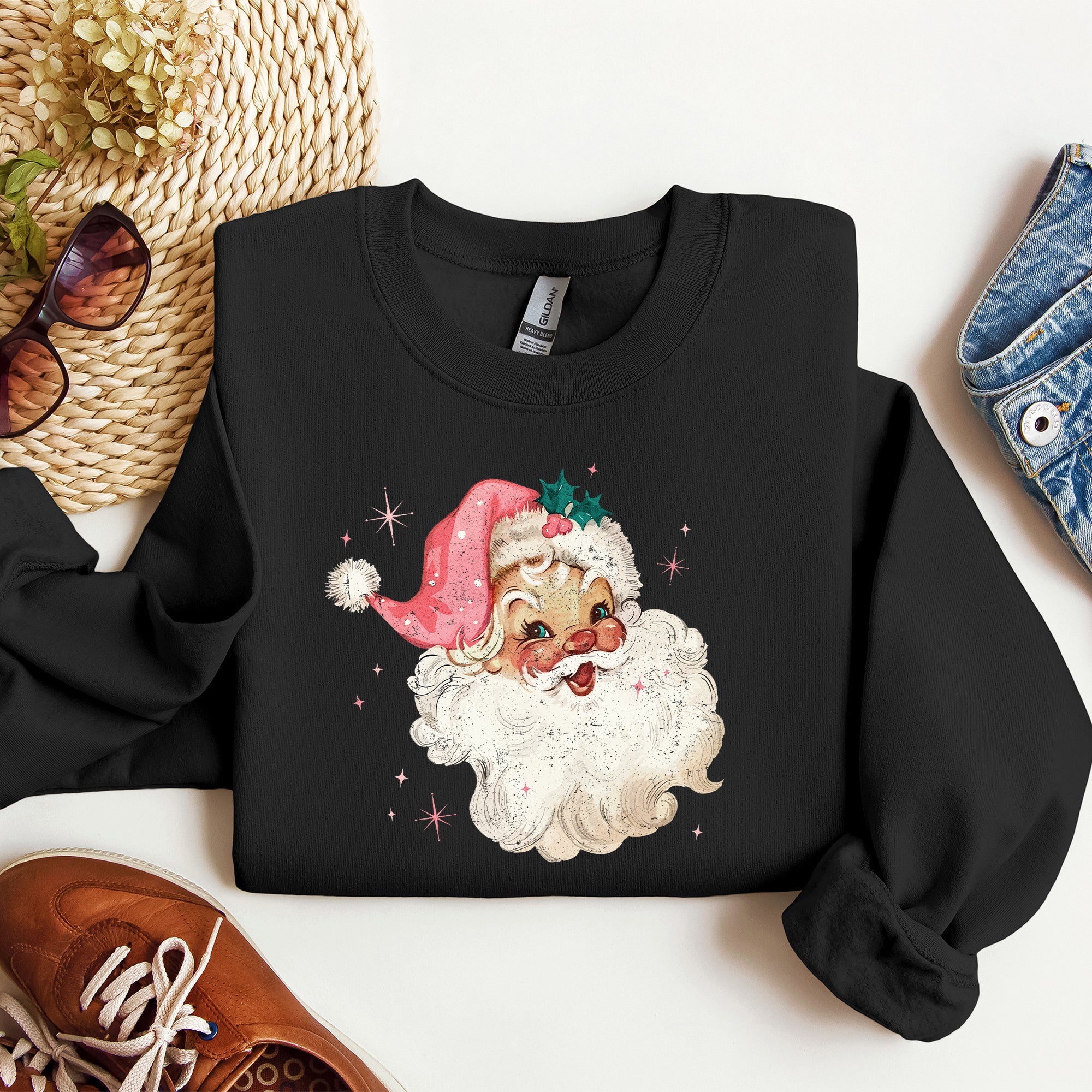 Retro Santa Vintage Classic Christmas Star Motif Warm Cozy Holiday Spirit Sweatshirt