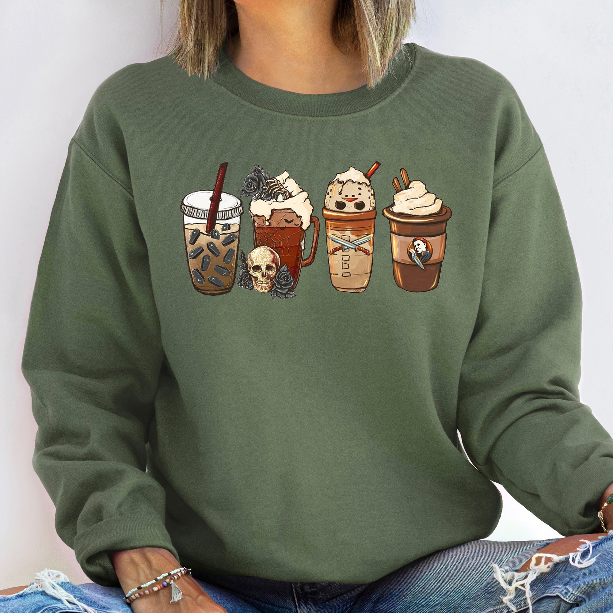 Black Rose Coffee Halloween Dewy Nightfall Latte Art Illustration Graphic Print Sweatshirt