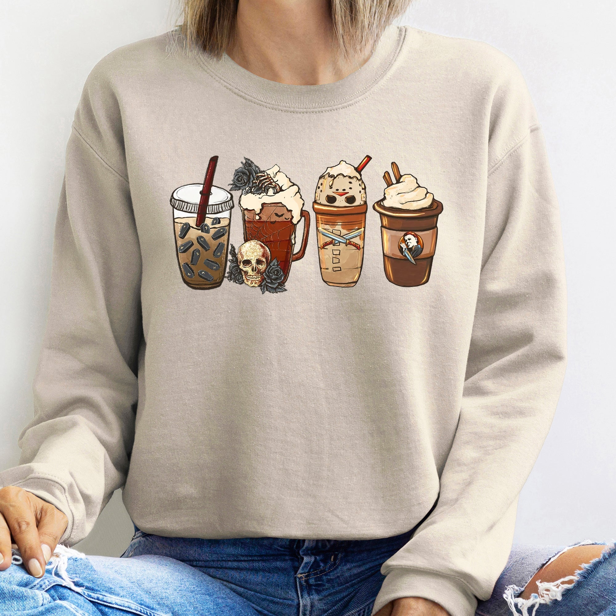 Black Rose Coffee Halloween Dewy Nightfall Latte Art Illustration Graphic Print Sweatshirt