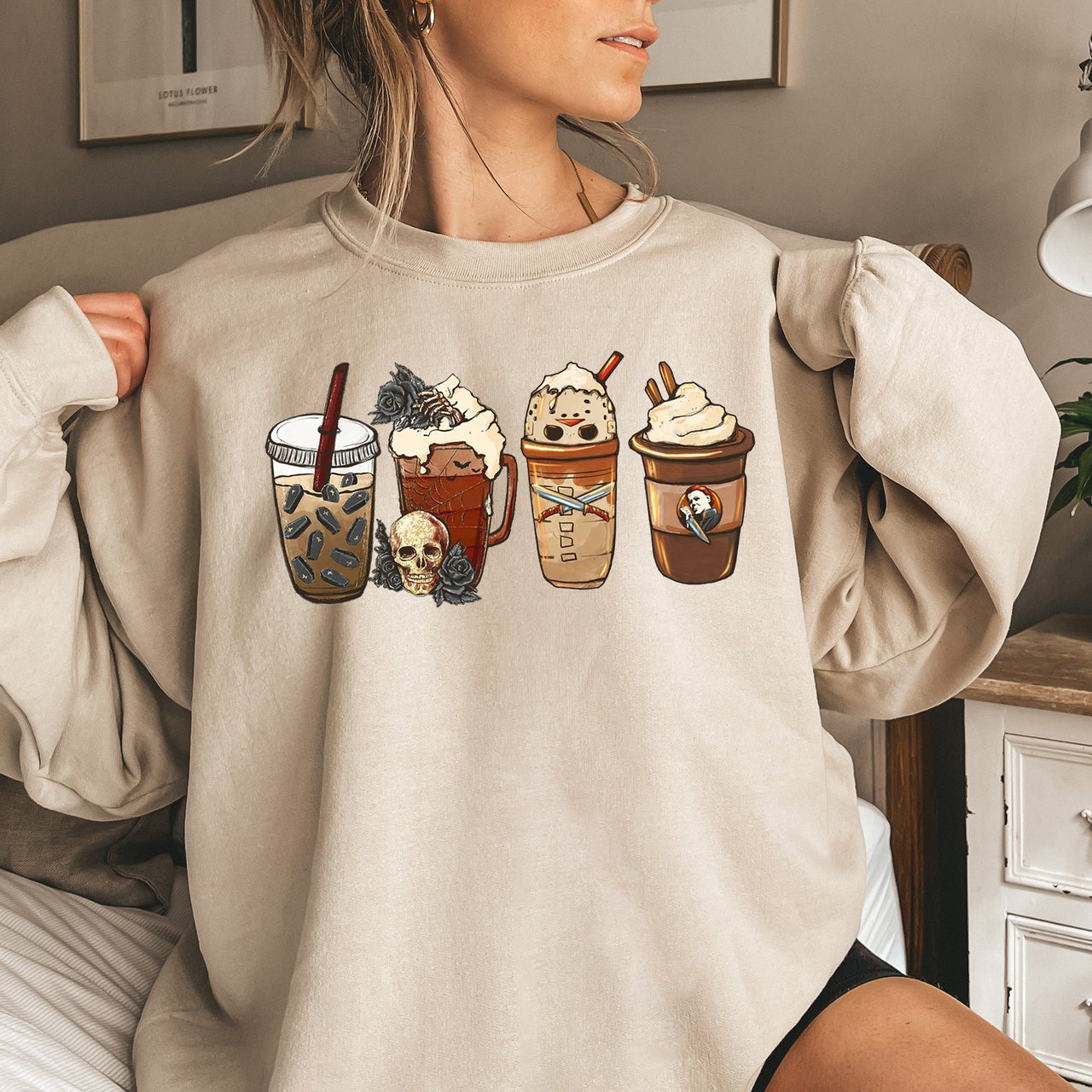 Black Rose Coffee Halloween Dewy Nightfall Latte Art Illustration Graphic Print Sweatshirt
