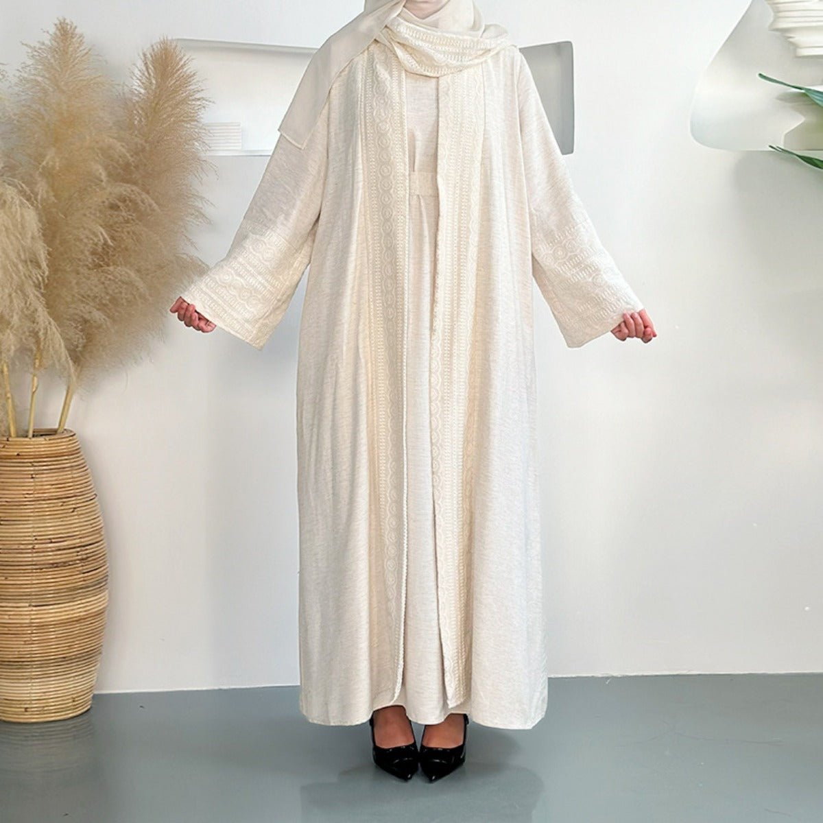 Blossom Elegance Modest Luxury 3-Piece Abaya Set | Pink & Beige Bell Sleeve Robe with Inner Dress & Hijab (MOA193)