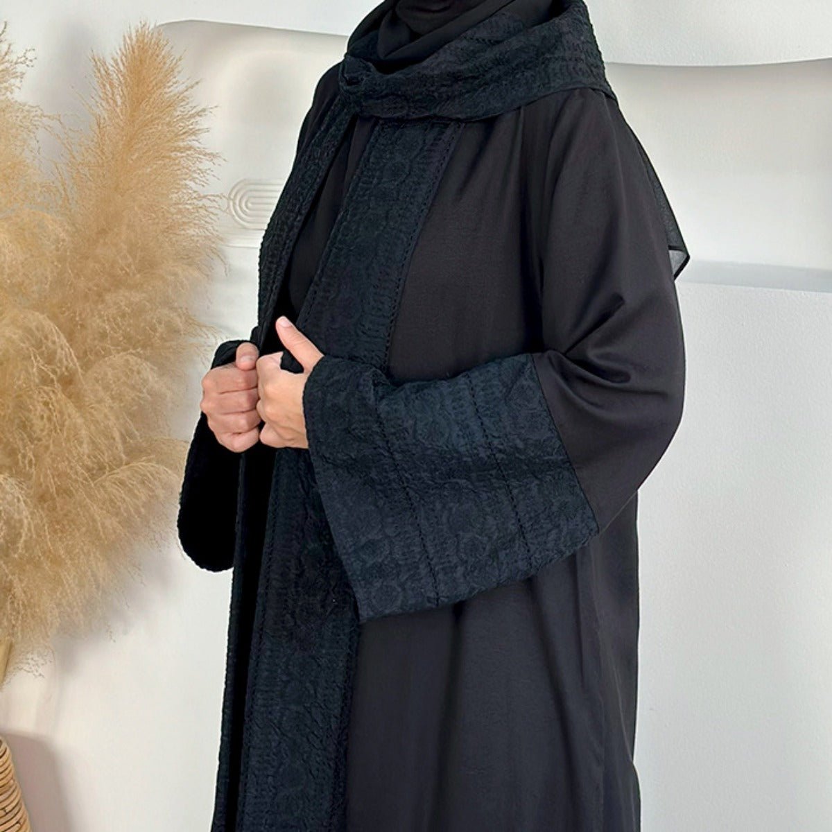 Blossom Elegance Modest Luxury 3-Piece Abaya Set | Pink & Beige Bell Sleeve Robe with Inner Dress & Hijab (MOA193)