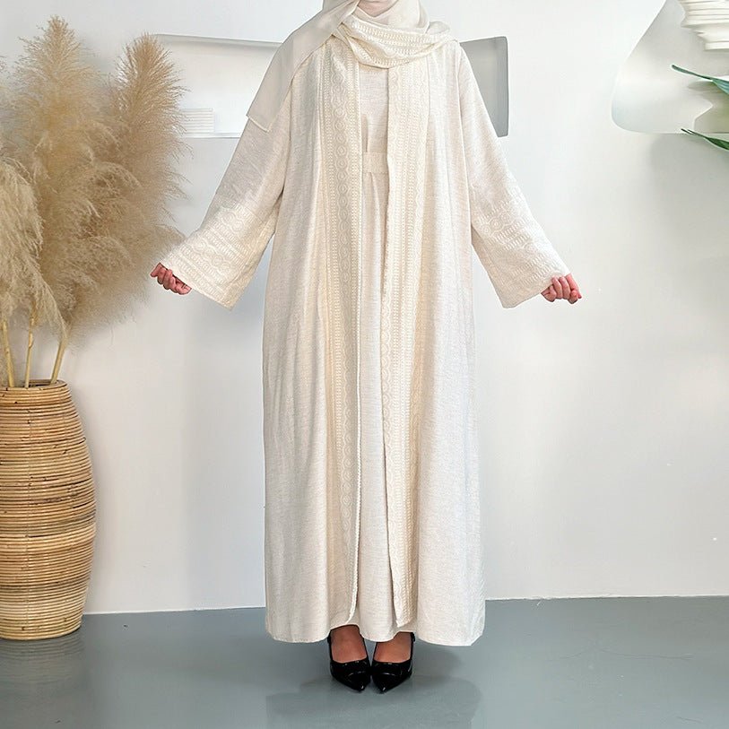 Blossom Elegance Modest Luxury 3-Piece Abaya Set | Pink & Beige Bell Sleeve Robe with Inner Dress & Hijab (MOA193)