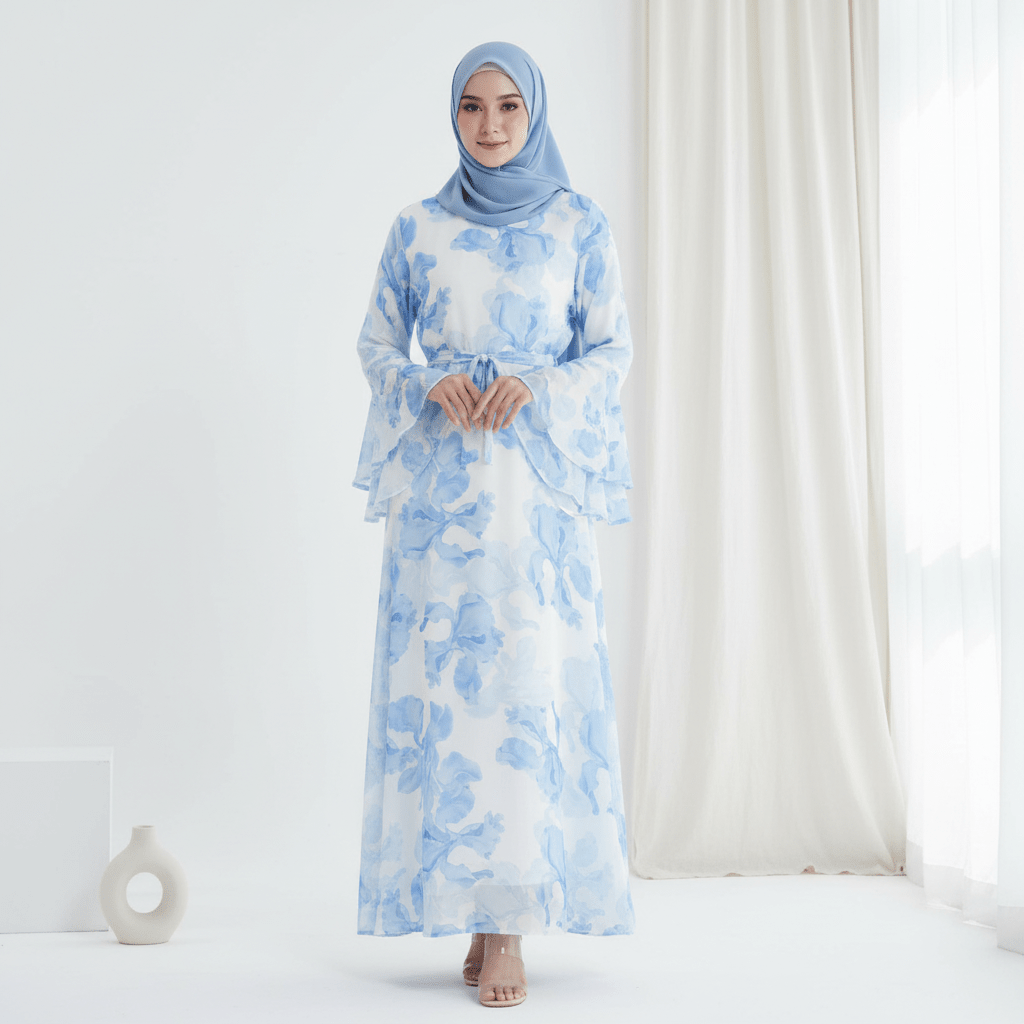 Blossom Printed Chiffon Abaya | Flared Sleeve Abaya (MA149)