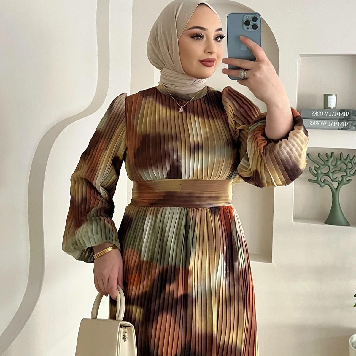 Bohemian Earth-Tone Maxi Dress Long Sleeve Crew Neck Pleated Dress (MA237)