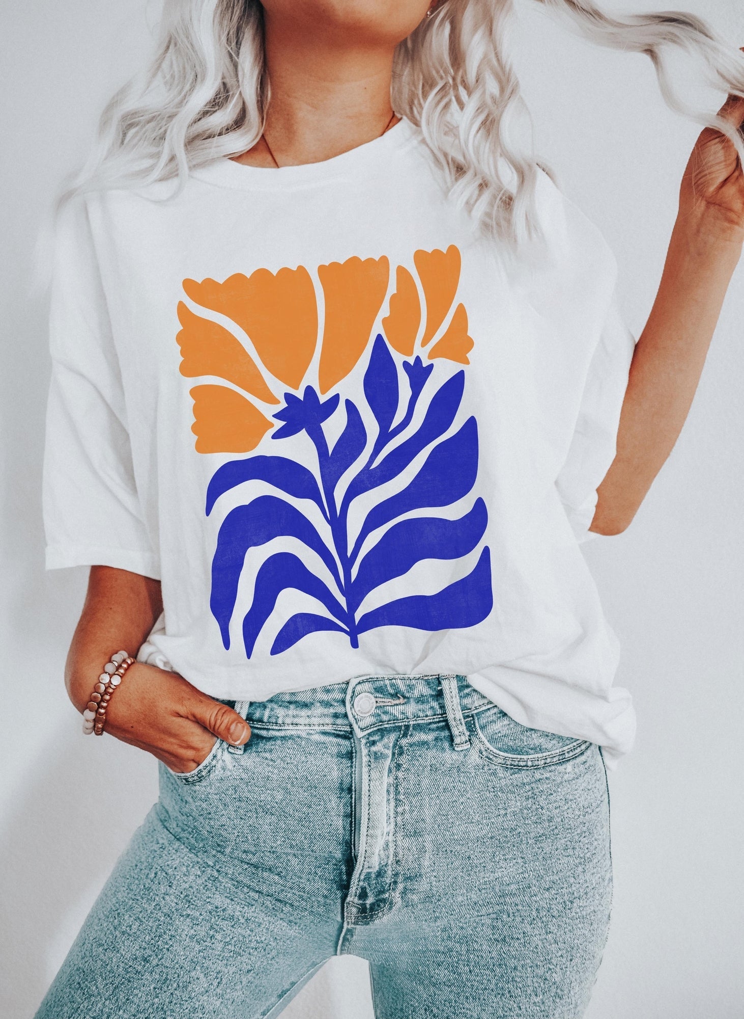 Boho Botanical Blue And Orange Wildflower Spring Floral Print Comfort Colors Tee