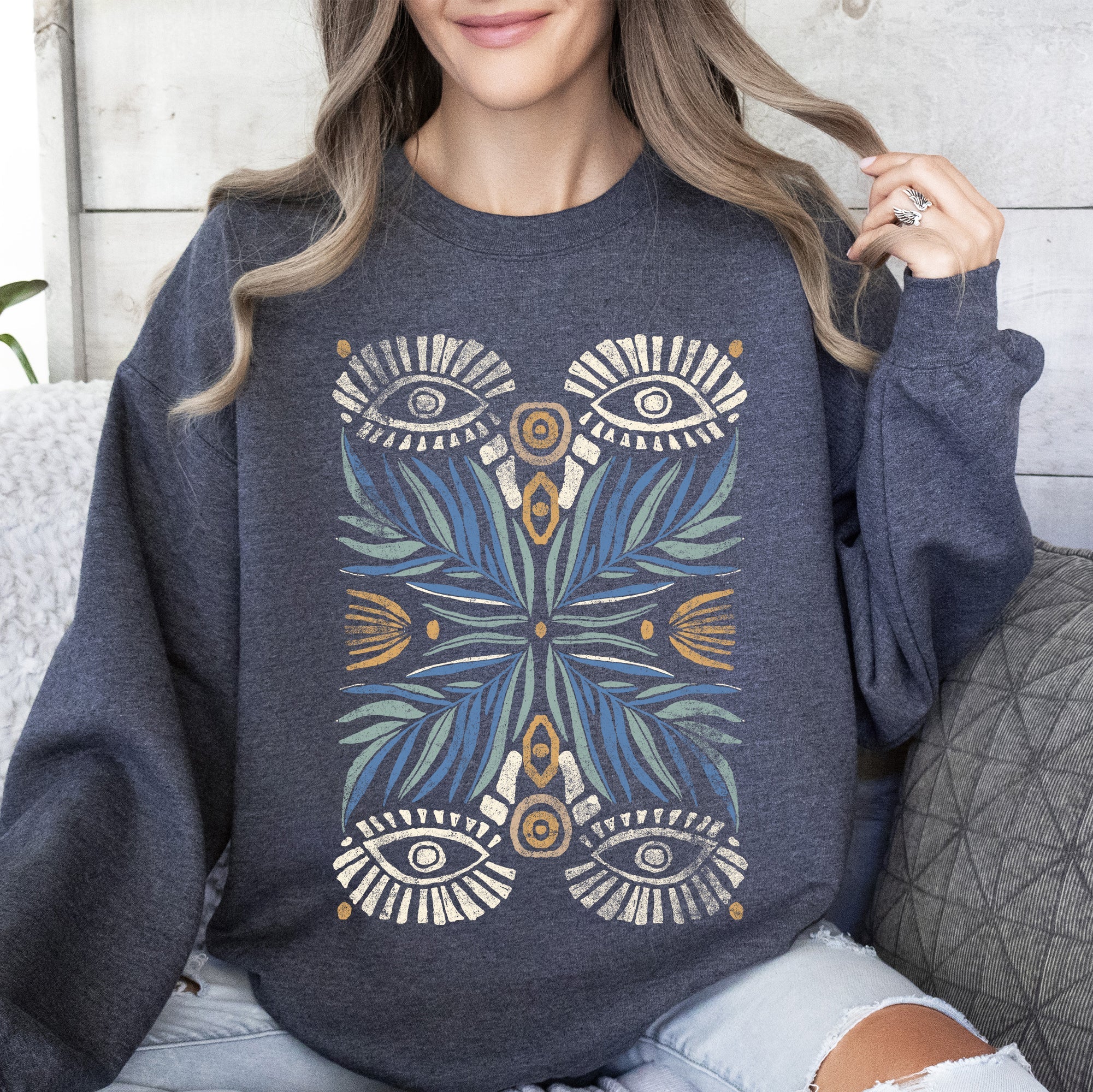 Boho Folk Art Vintage Mystical Floral Dreamcatcher Moon Mandala Garden Spirit Sweatshirt