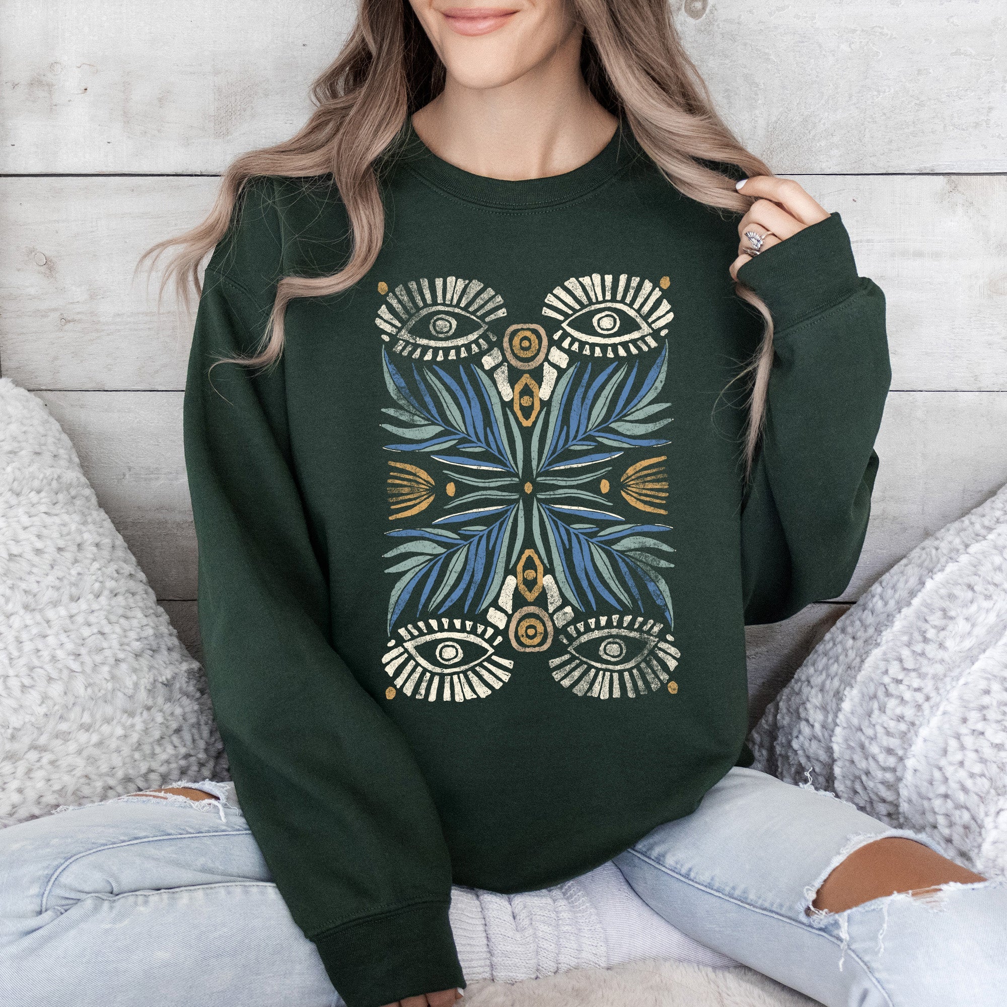 Boho Folk Art Vintage Mystical Floral Dreamcatcher Moon Mandala Garden Spirit Sweatshirt