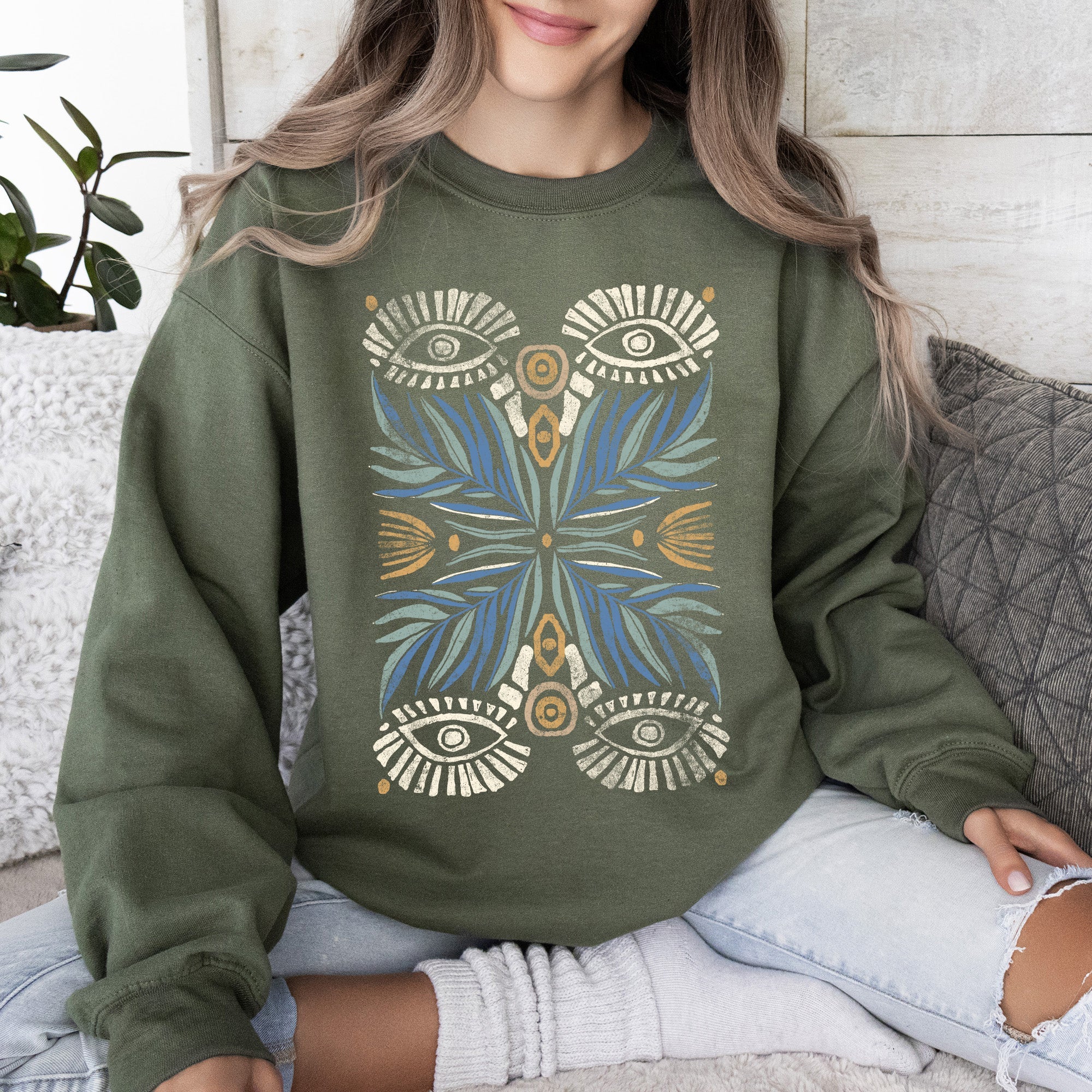 Boho Folk Art Vintage Mystical Floral Dreamcatcher Moon Mandala Garden Spirit Sweatshirt