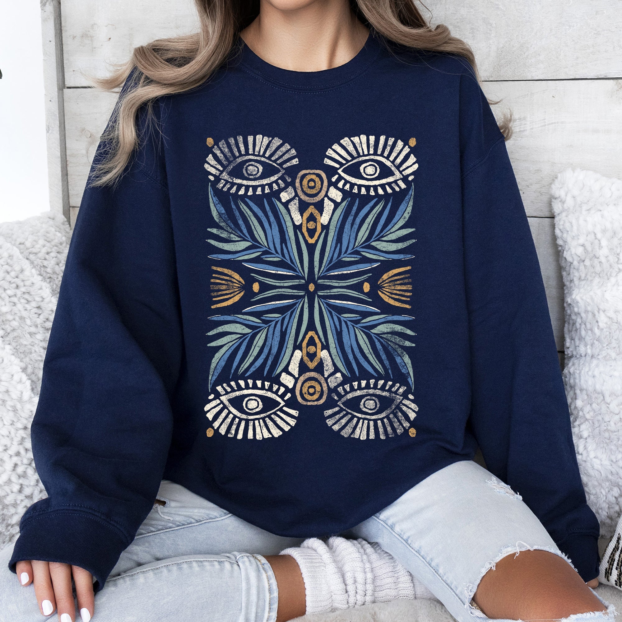 Boho Folk Art Vintage Mystical Floral Dreamcatcher Moon Mandala Garden Spirit Sweatshirt