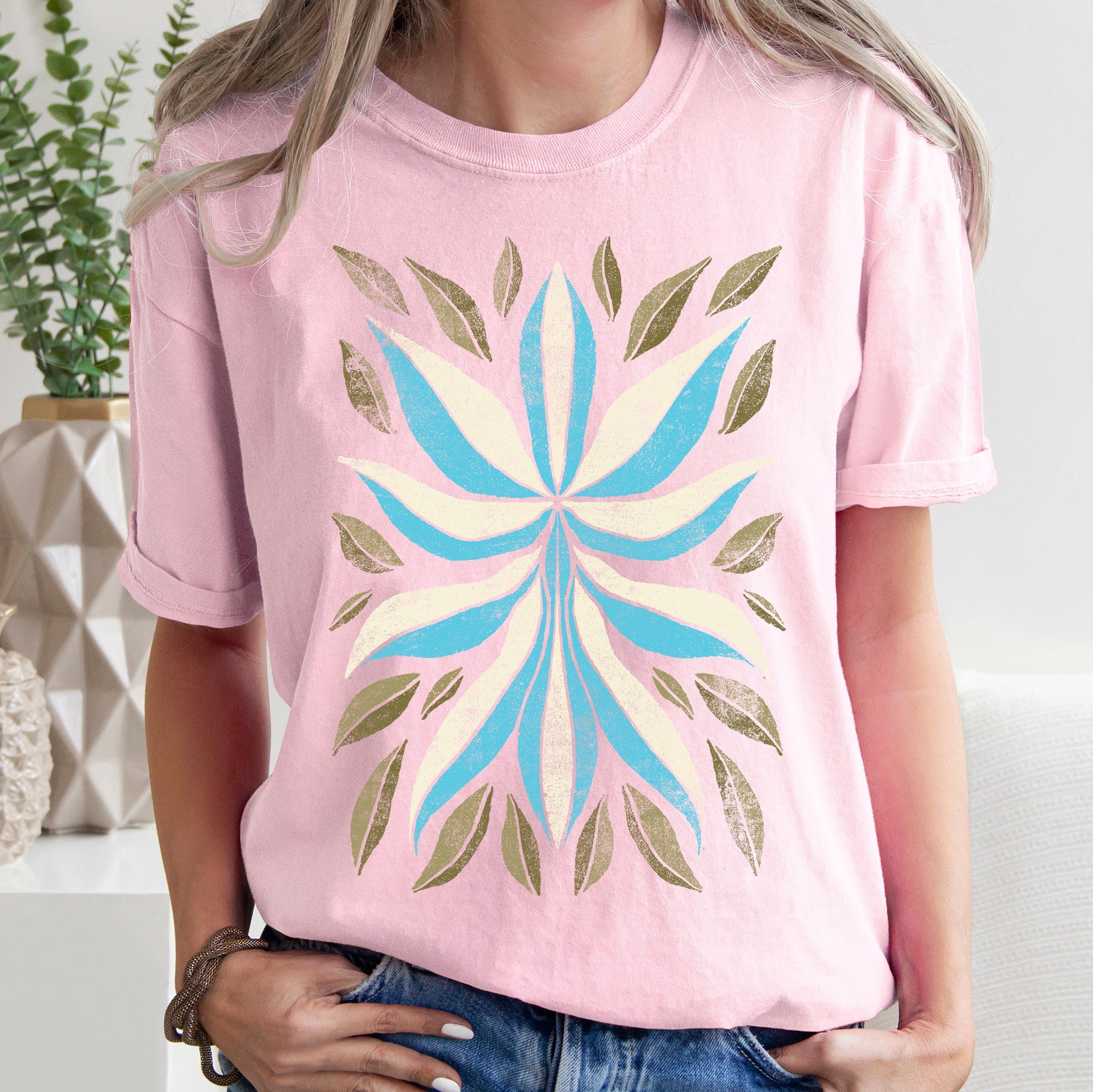 Boho Folk Art Flower And Leaves Boho Inspired Floral Motif With Leaf Accents Comfort Colors Tee