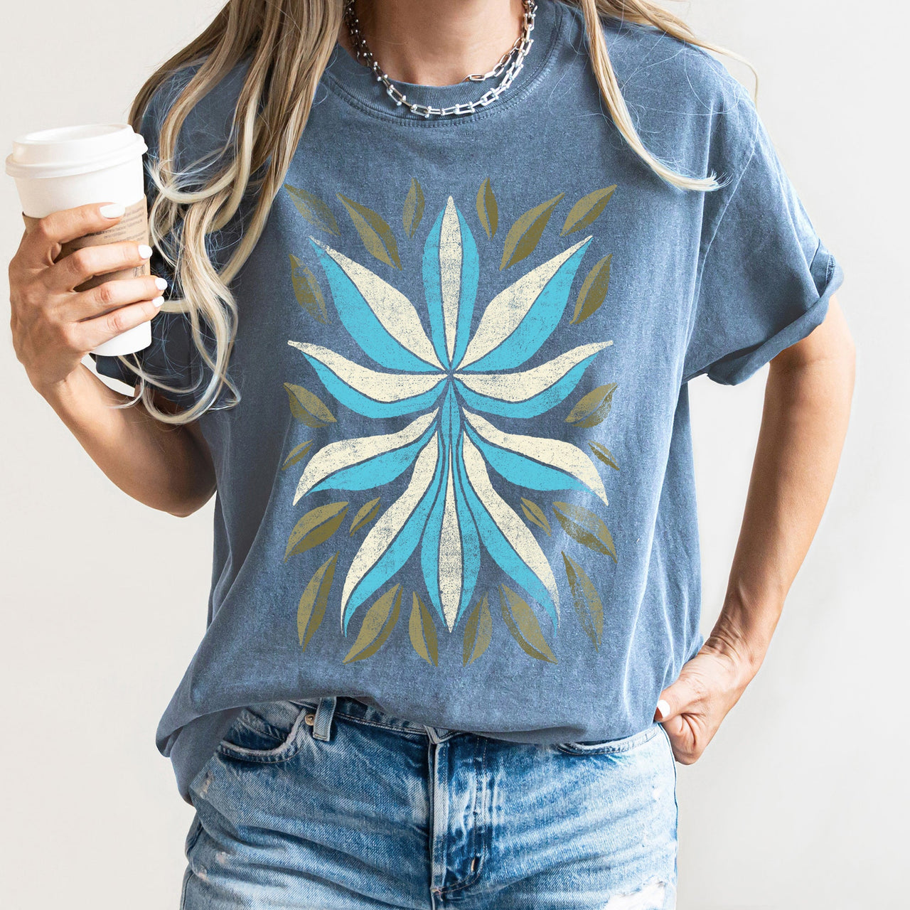 Boho Folk Art Flower And Leaves Boho Inspired Floral Motif With Leaf Accents Comfort Colors Tee