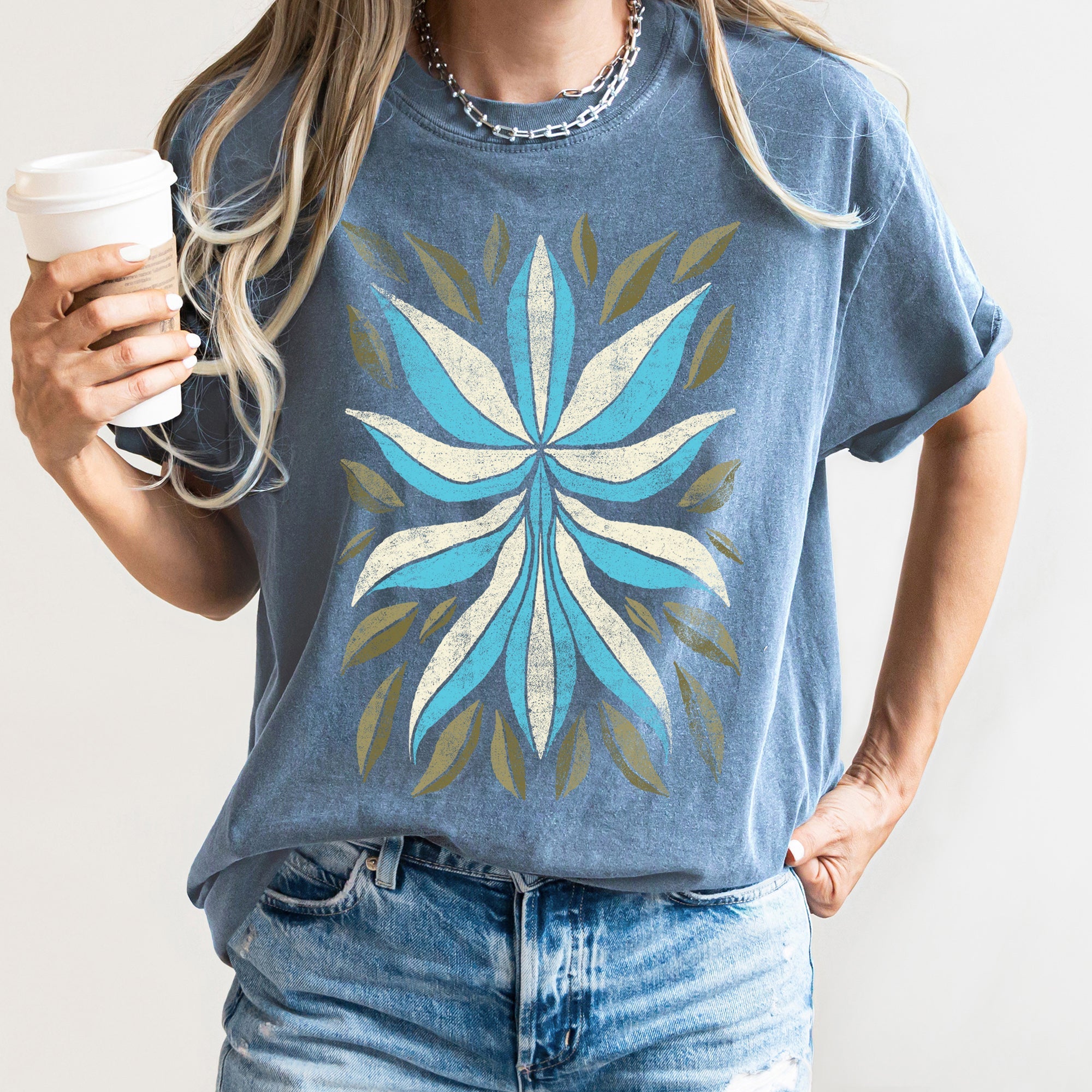 Boho Folk Art Flower And Leaves Boho Inspired Floral Motif With Leaf Accents Comfort Colors Tee