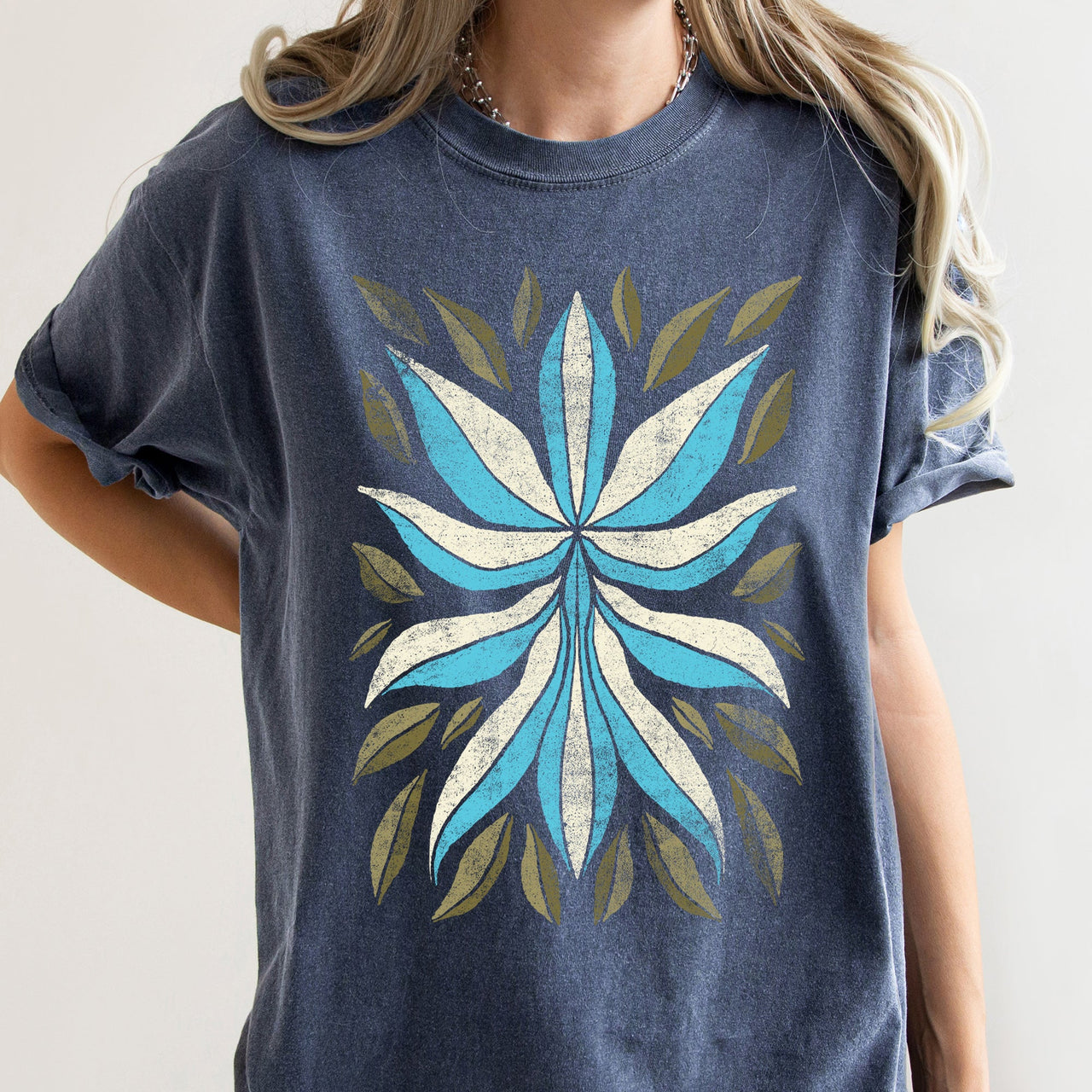 Boho Folk Art Flower And Leaves Boho Inspired Floral Motif With Leaf Accents Comfort Colors Tee