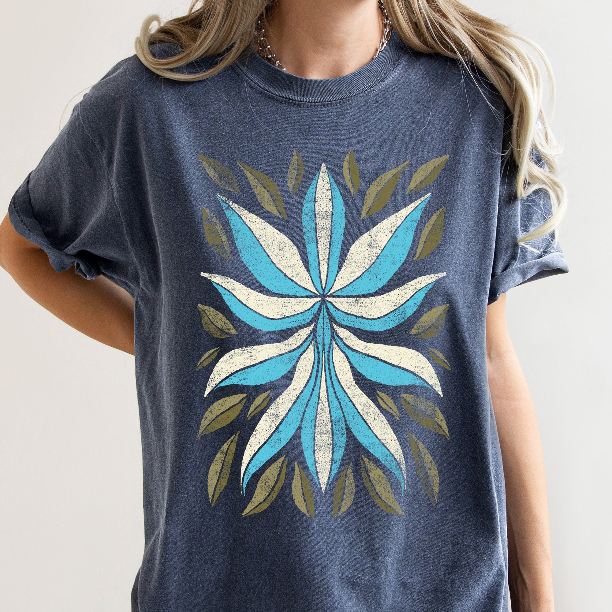 Boho Folk Art Flower And Leaves Boho Inspired Floral Motif With Leaf Accents Comfort Colors Tee