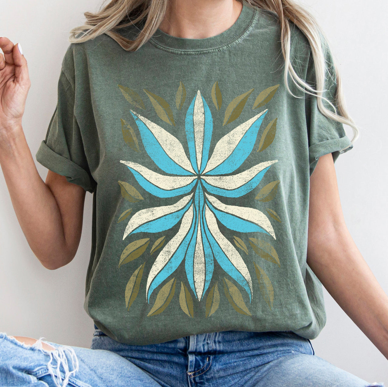 Boho Folk Art Flower And Leaves Boho Inspired Floral Motif With Leaf Accents Comfort Colors Tee
