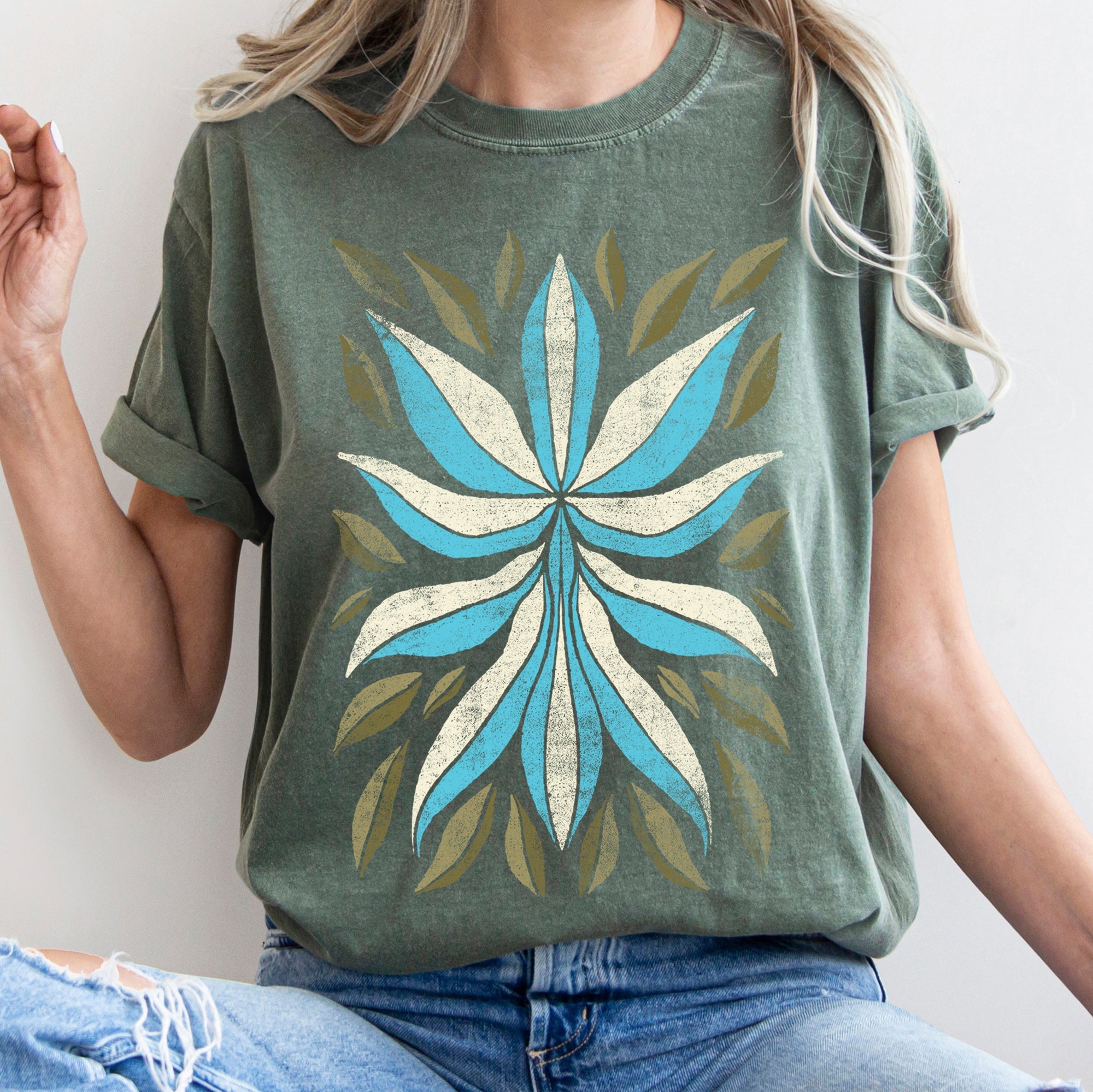 Boho Folk Art Flower And Leaves Boho Inspired Floral Motif With Leaf Accents Comfort Colors Tee