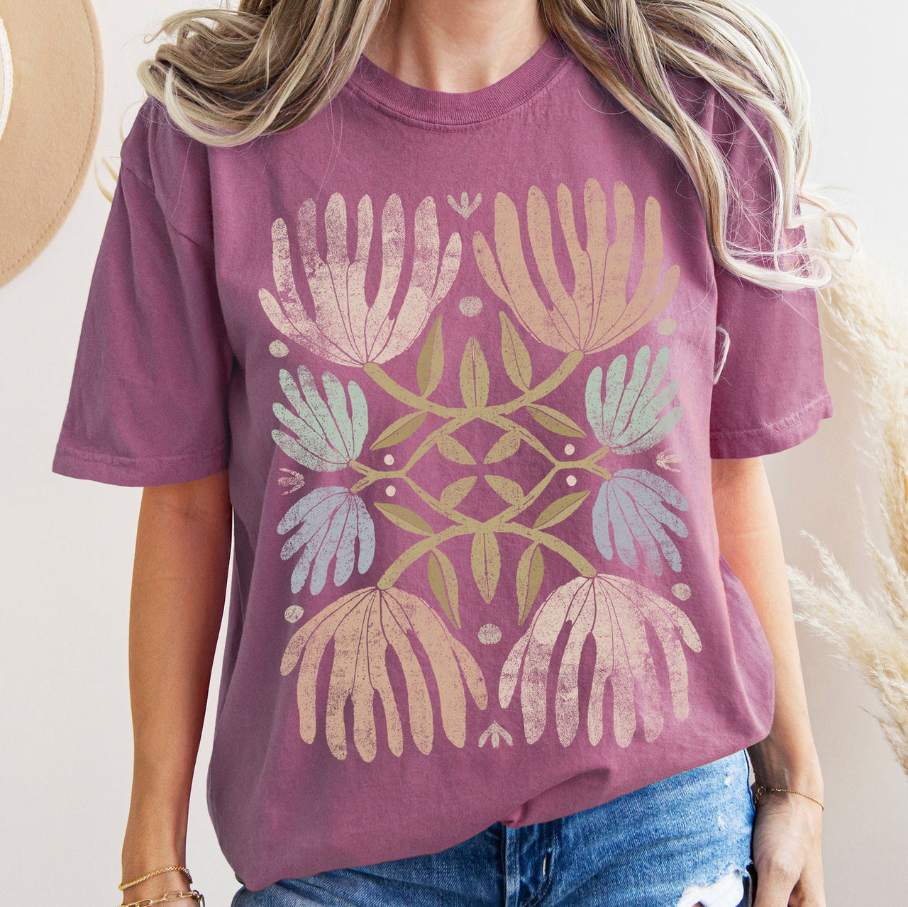 Boho Folk Art Chic Floral Intricate Floral Motif With Rattan Accents Comfort Colors Tee