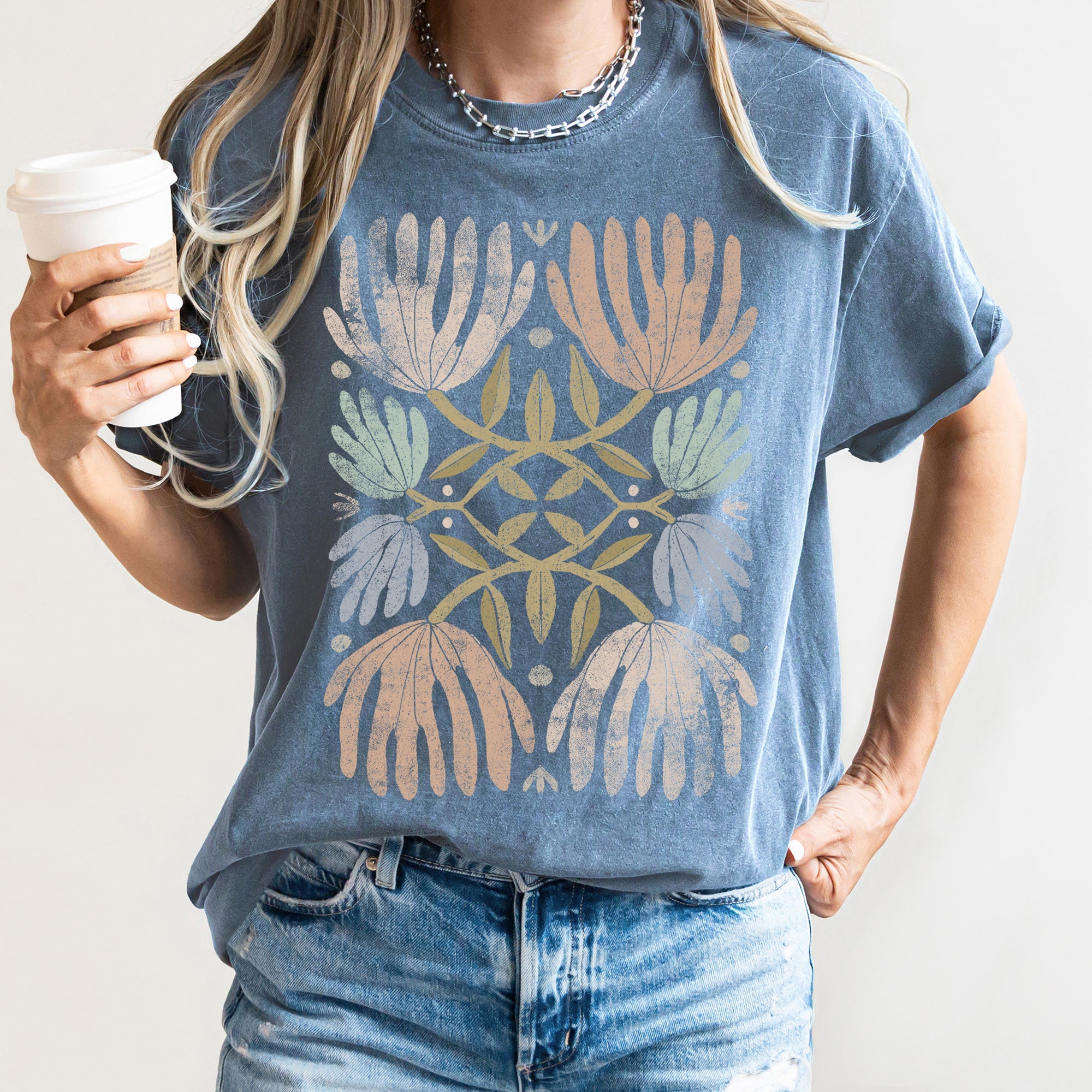 Boho Folk Art Chic Floral Intricate Floral Motif With Rattan Accents Comfort Colors Tee