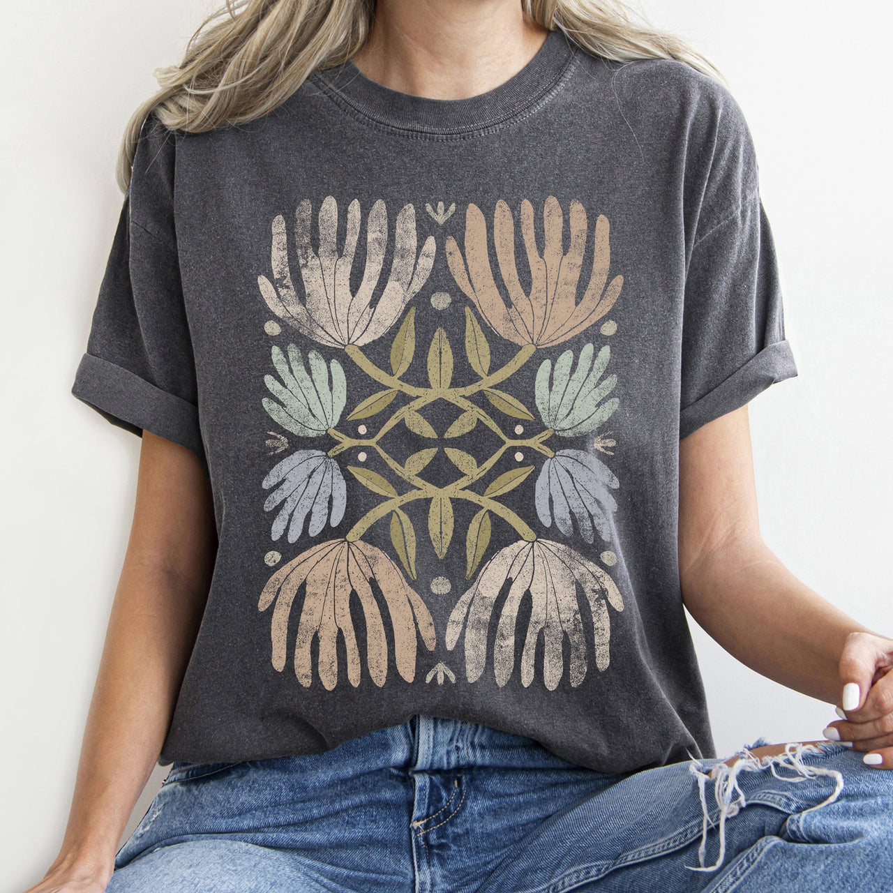 Boho Folk Art Chic Floral Intricate Floral Motif With Rattan Accents Comfort Colors Tee