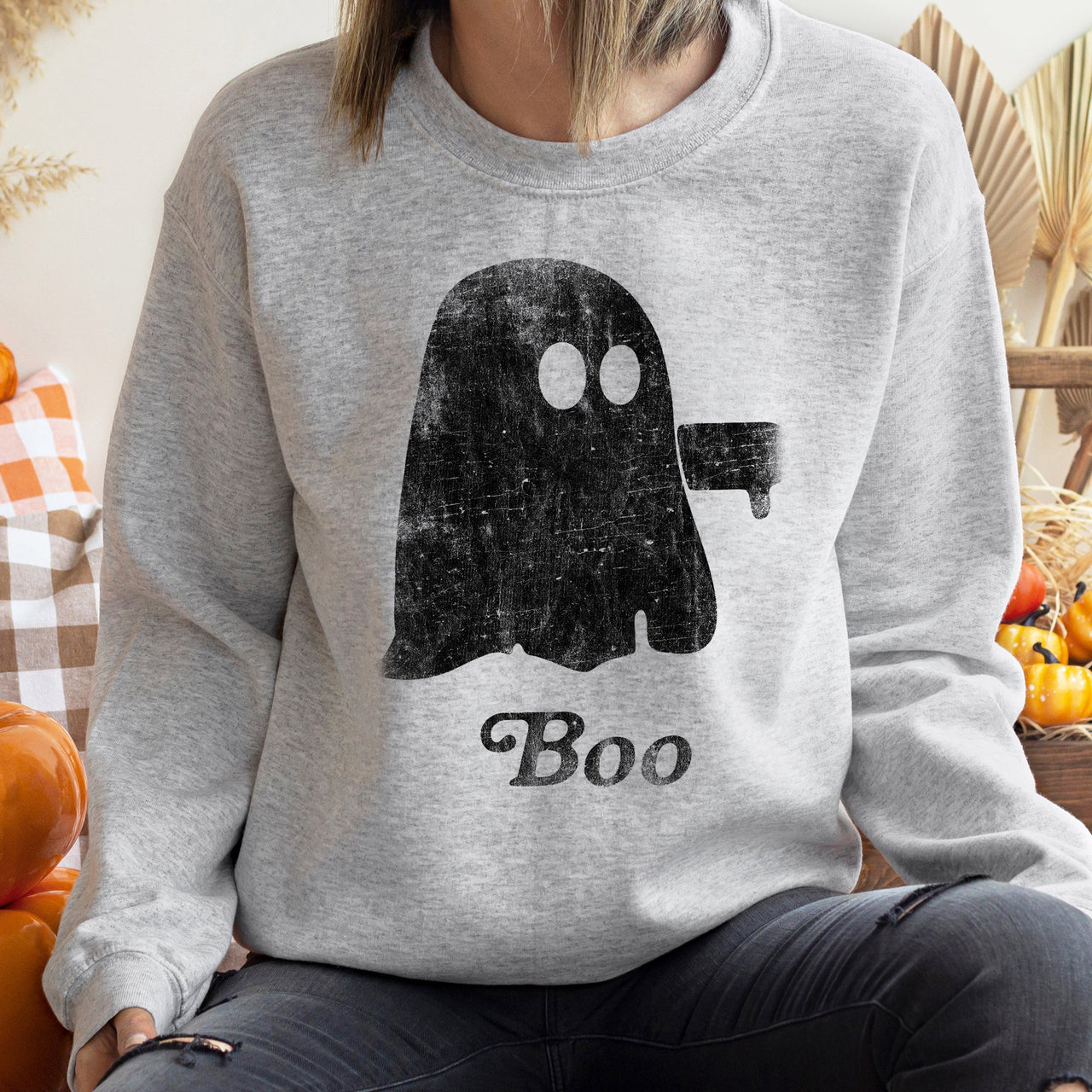 Boo Vintage Ghost Halloween Cozy Spooky Night Graphic Print Edition Autumn Nights And Cozy Fireside Moments Sweatshirt