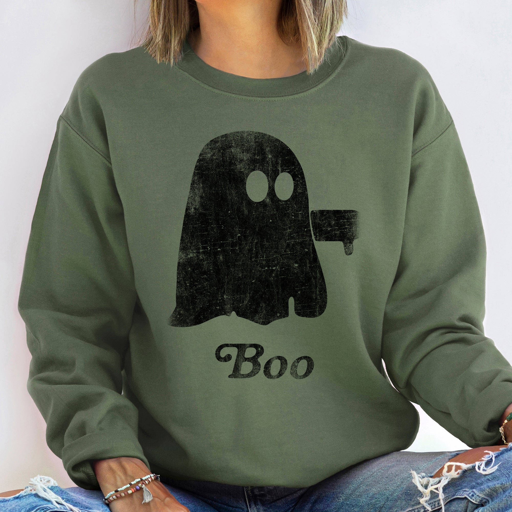 Boo Vintage Ghost Halloween Cozy Spooky Night Graphic Print Edition Autumn Nights And Cozy Fireside Moments Sweatshirt