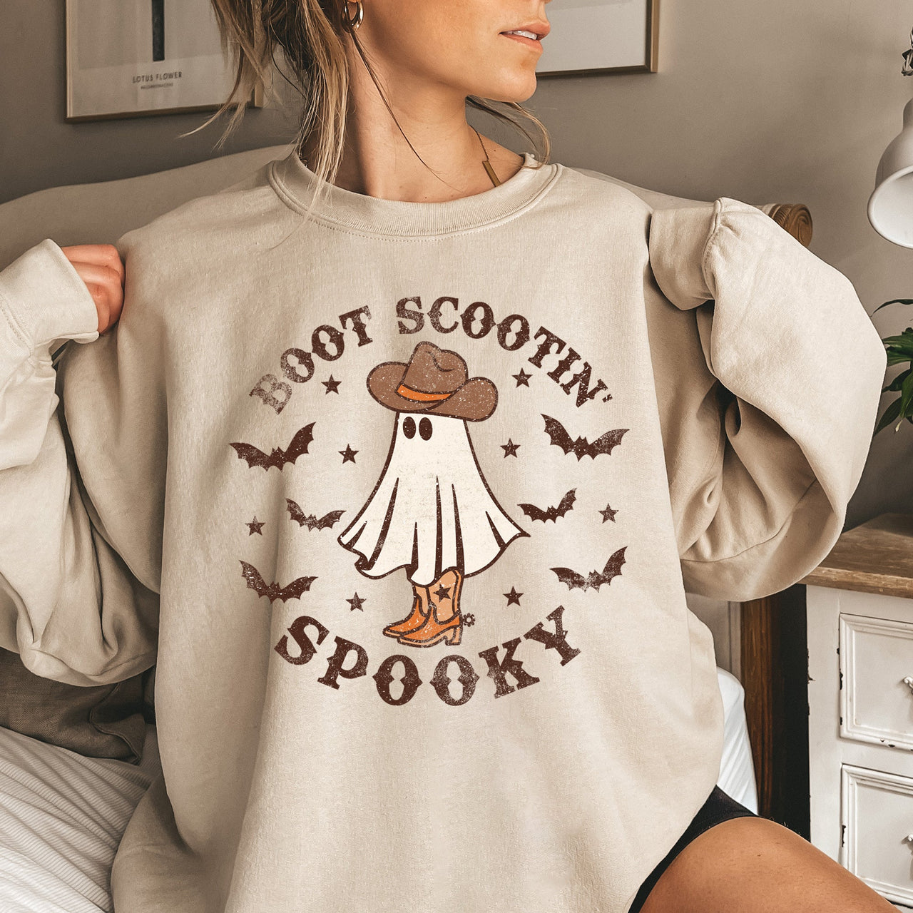 Boot Scooting Spooky Halloween Festive Cozy Graphic Design Autumn Night Sweatshirt