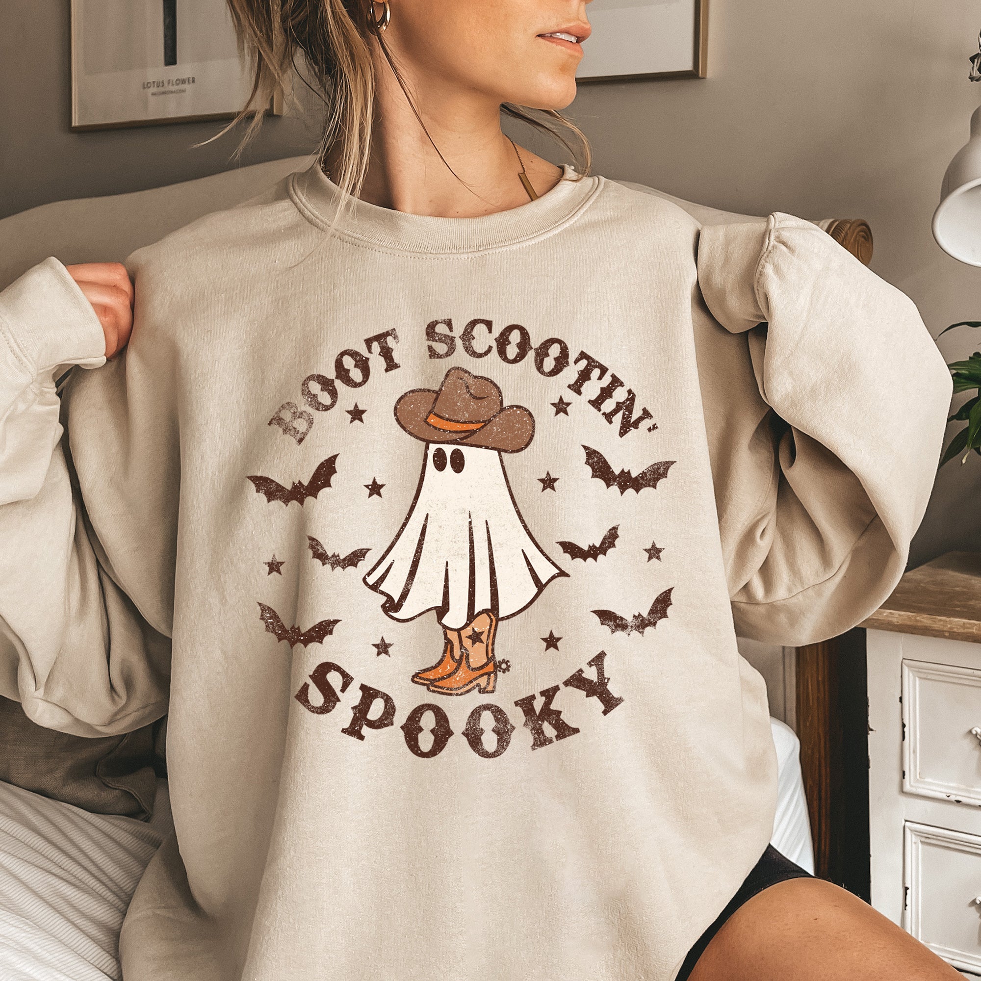 Boot Scooting Spooky Halloween Festive Cozy Graphic Design Autumn Night Sweatshirt