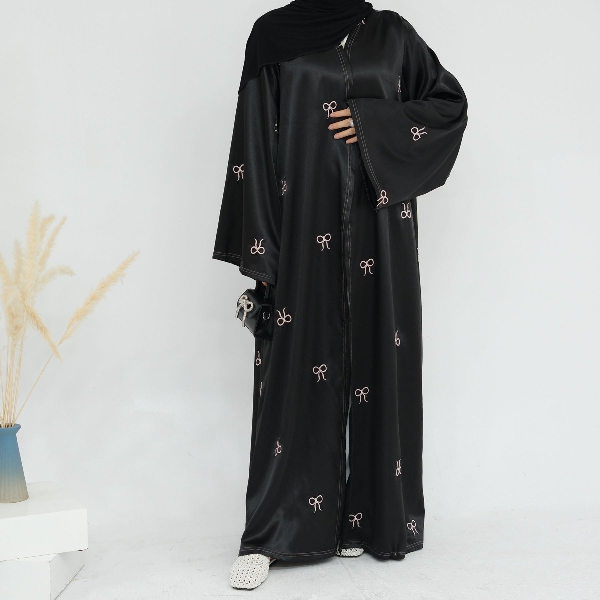Bow Embroidered Glossy Open Abaya (MOA102)