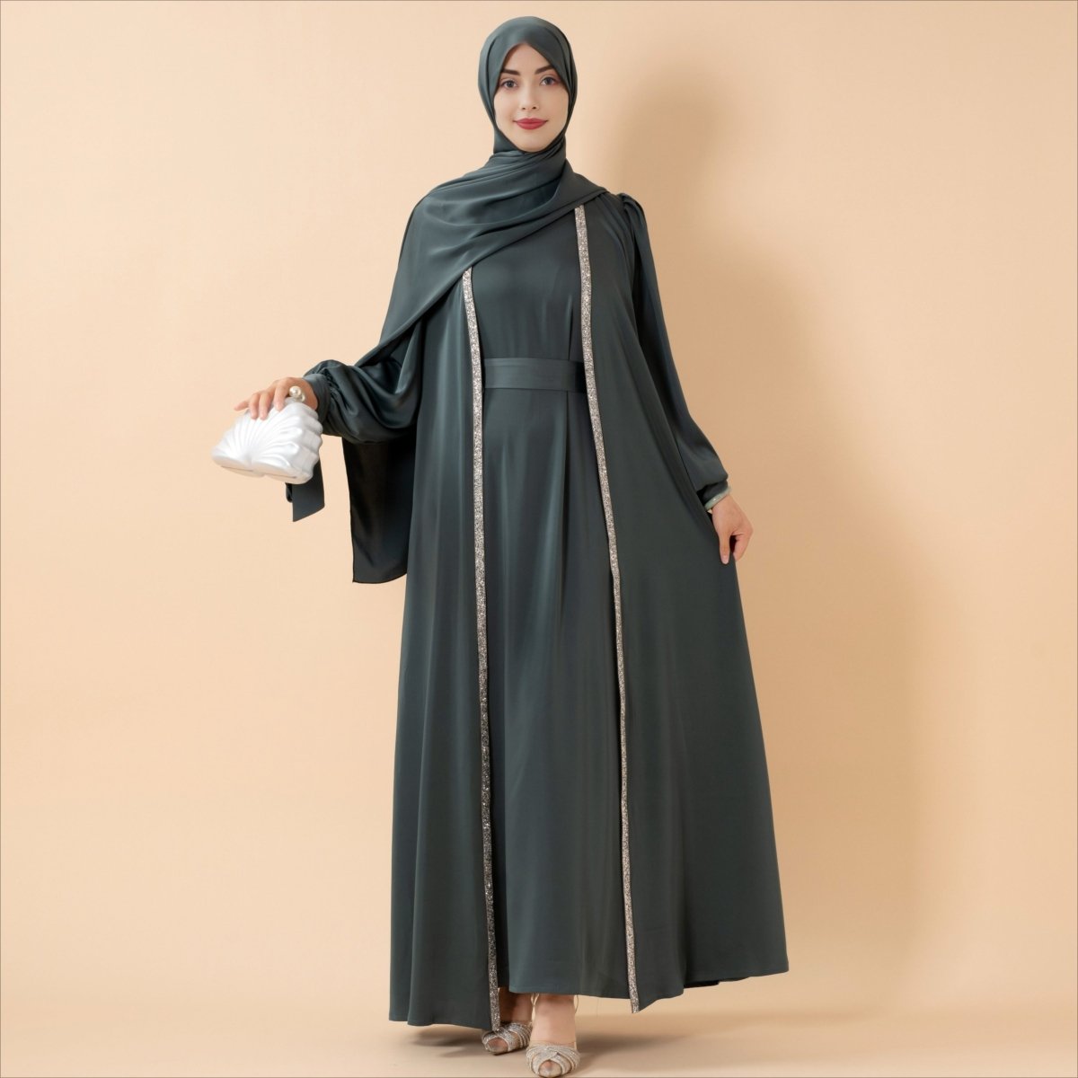 Bow Tie Sleeve Abaya Set With Long-sleeve Inner Dress (MOA026)