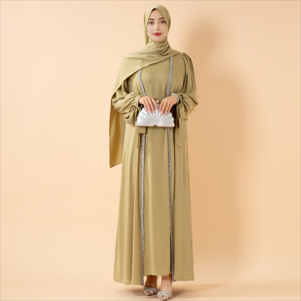 Bow Tie Sleeve Abaya Set With Long-sleeve Inner Dress (MOA026)