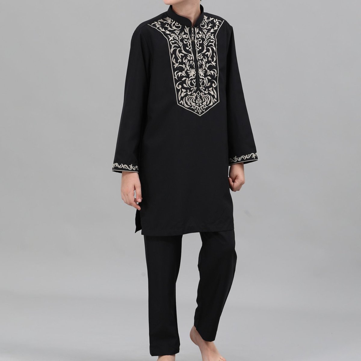 Boys Black Embroidered Tunic & Pants Set (MKB021)