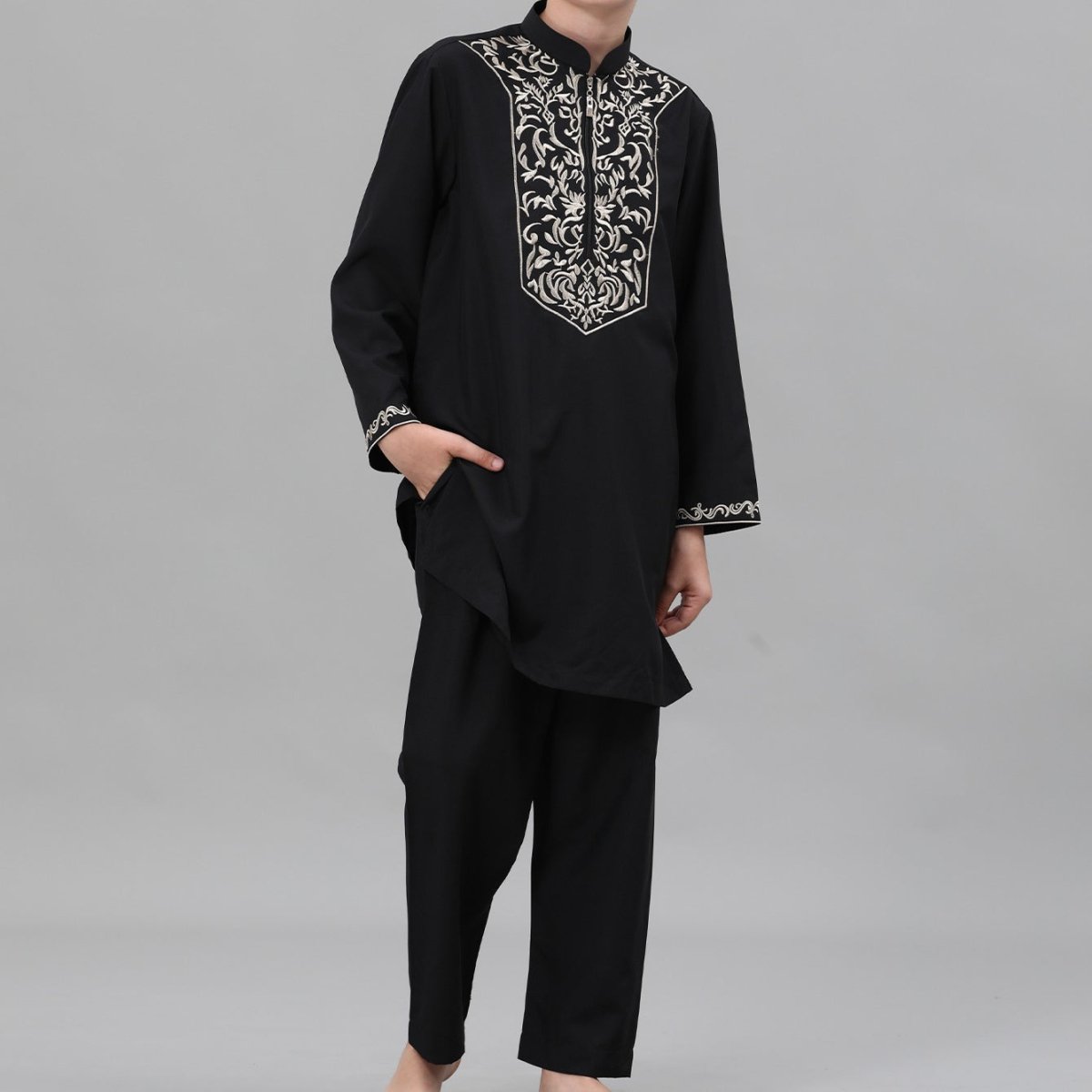 Boys Black Embroidered Tunic & Pants Set (MKB021)