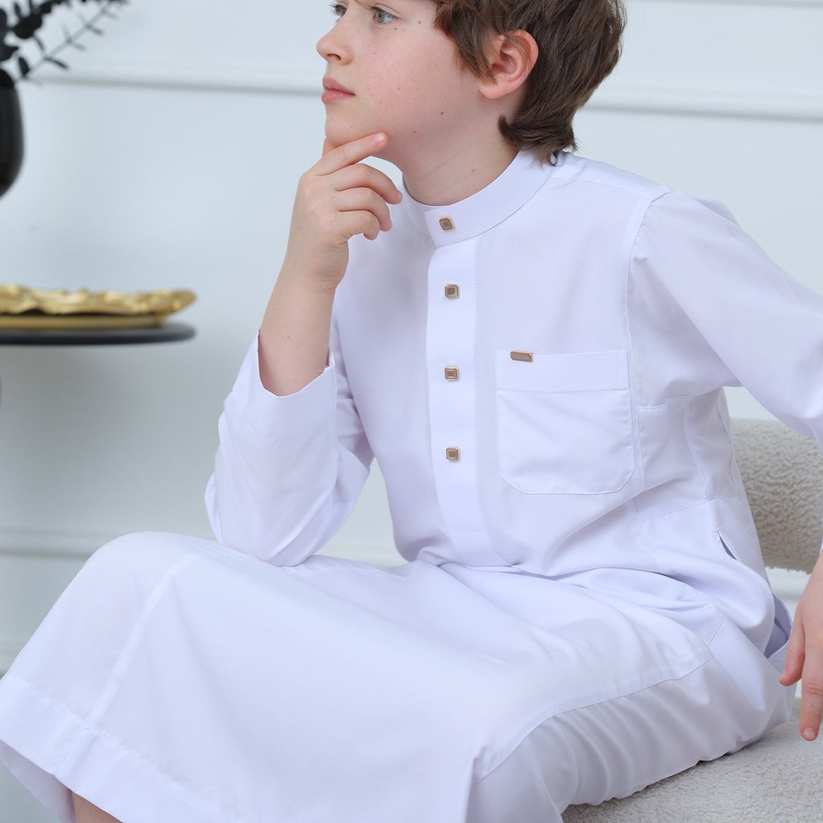 Boys' Classic White Thobe with Stand Collar(MKB027)