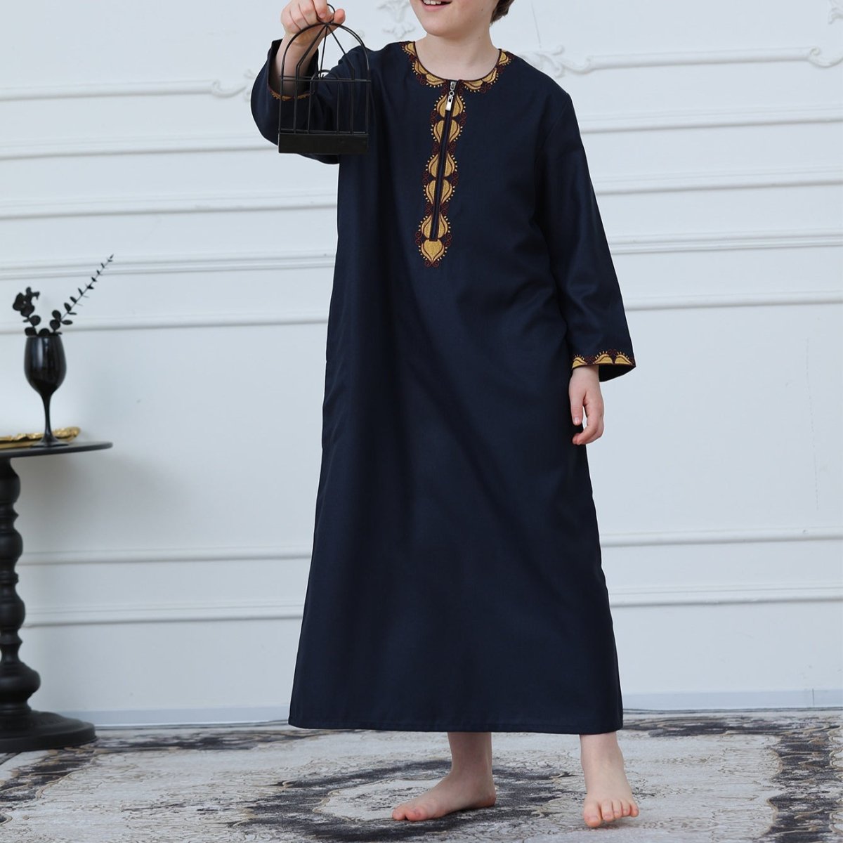 Boys Embroidered Thobe with Gold Trim(MKB017)