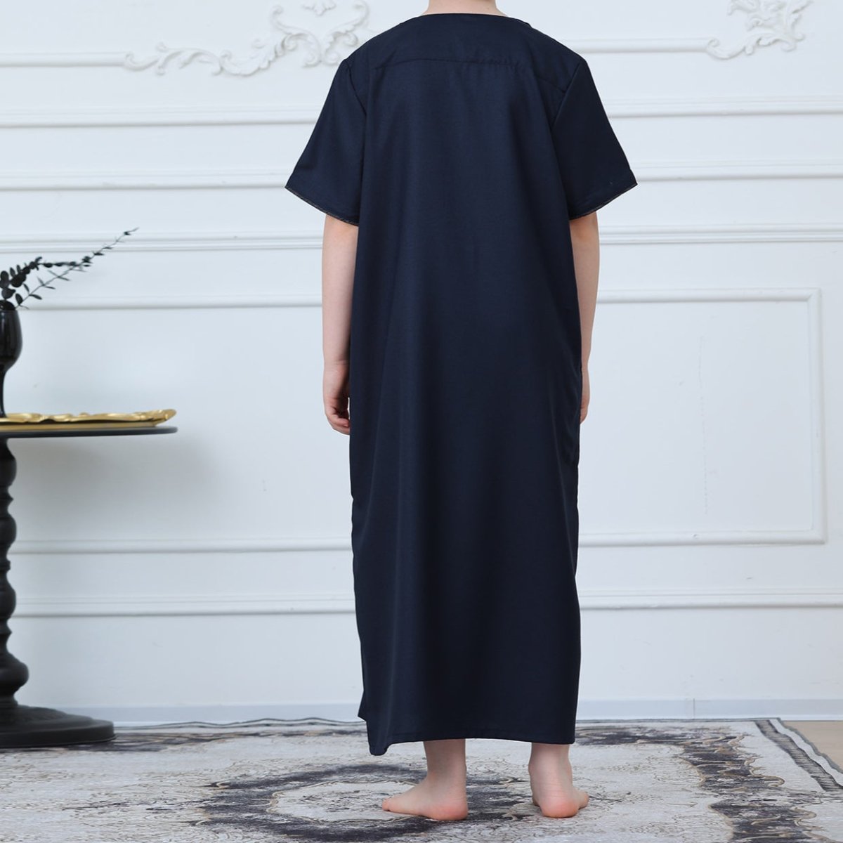 Boys Navy Short Sleeve Thobe with Chest Pocket (MKB022)