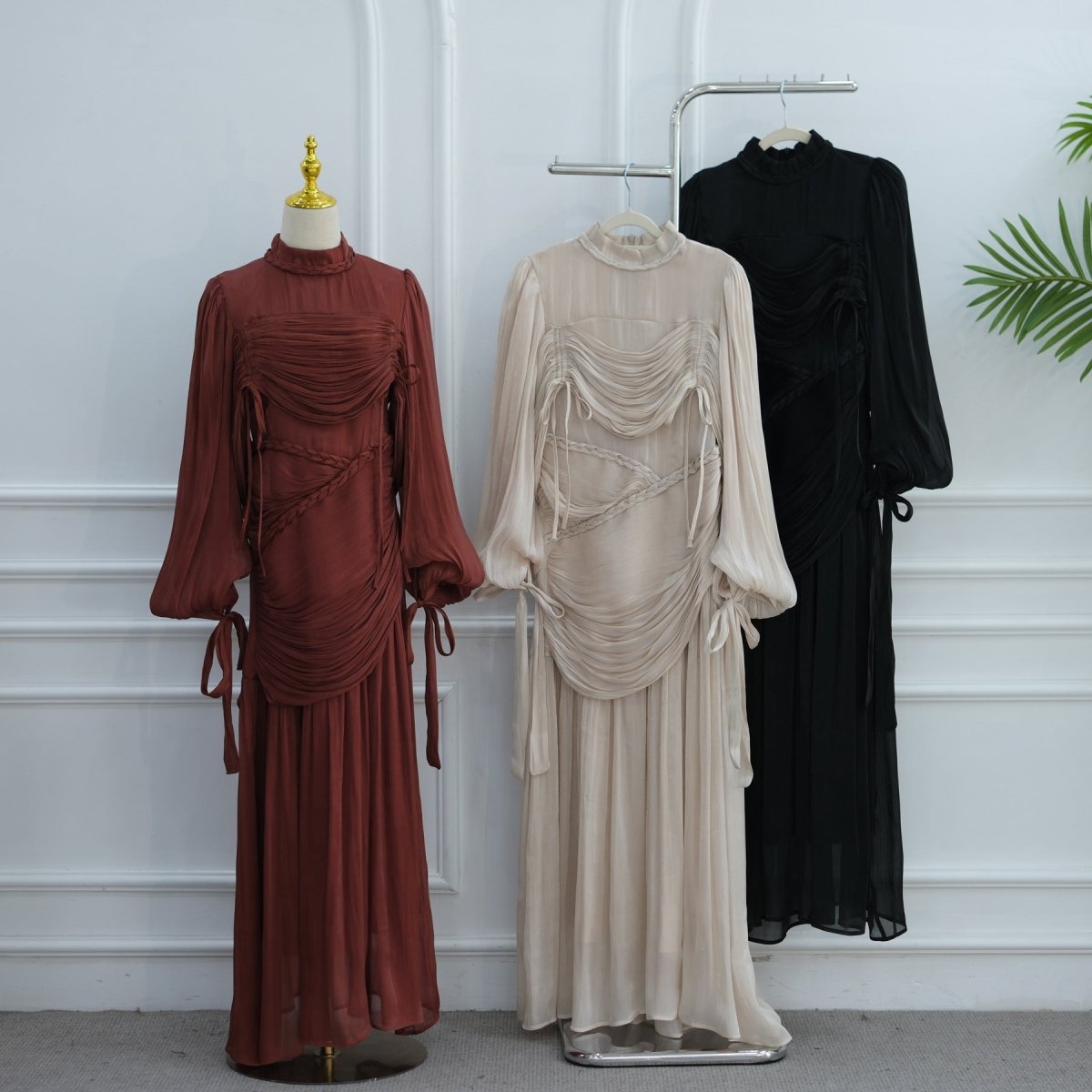 Braided Collar Ruched Fringe Maxi Dress(MS406)