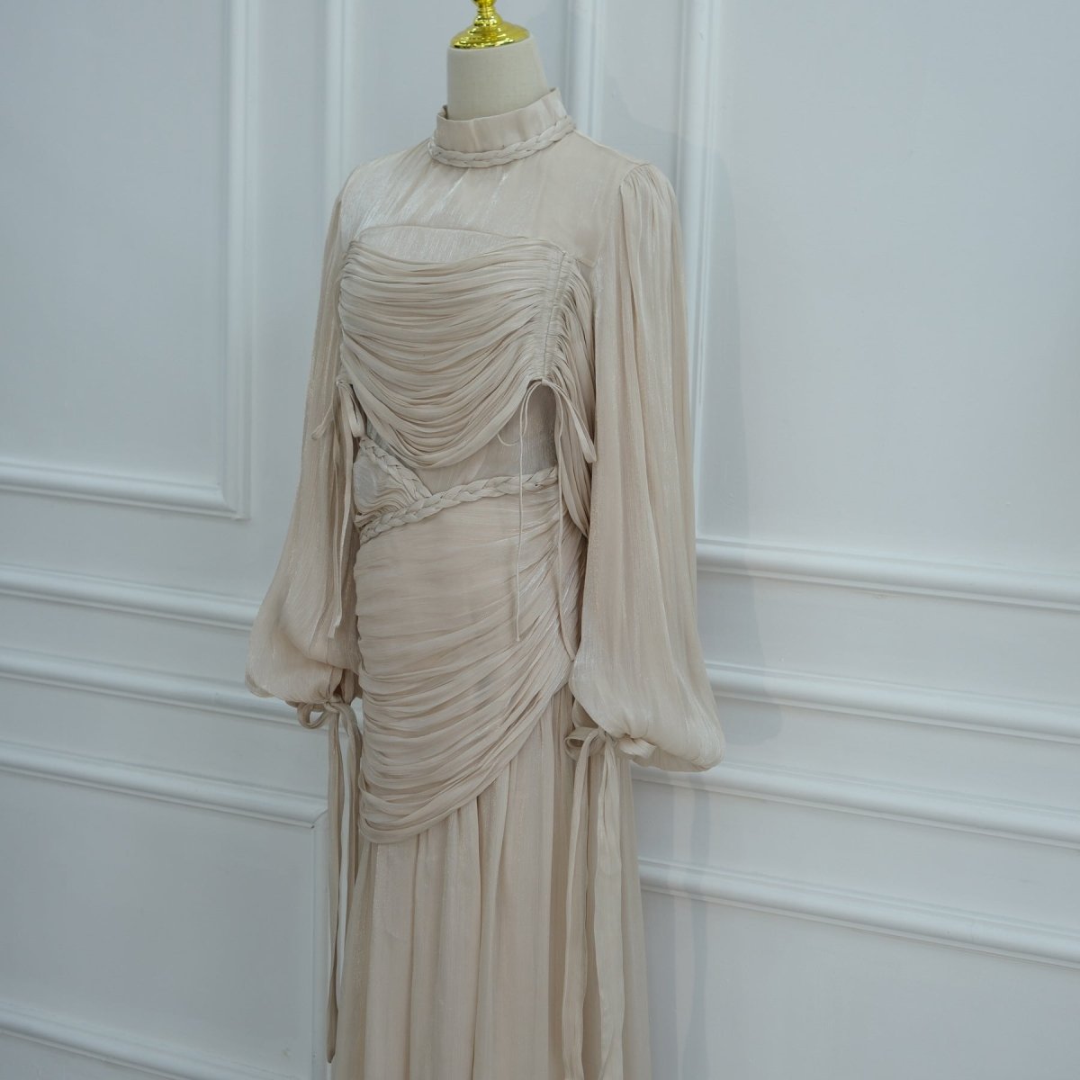Braided Collar Ruched Fringe Maxi Dress(MS406)