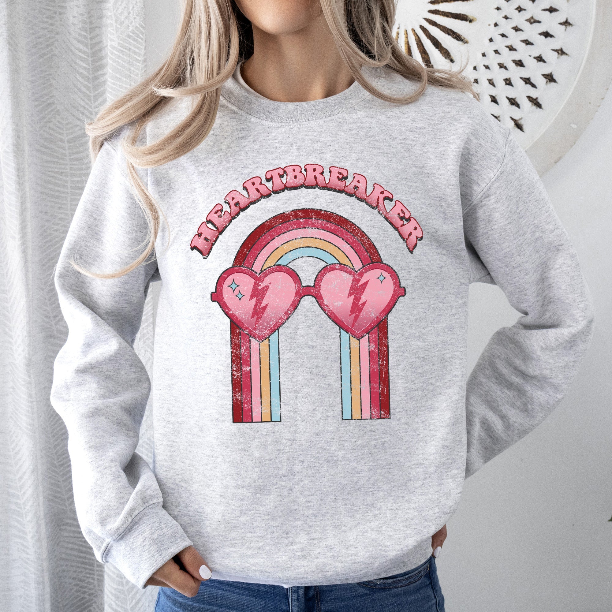 Heart Breaker Love Sunglasses Retro Graphic Statement Cozy Vintage Vibe Valentine's Day Edition Sweatshirt