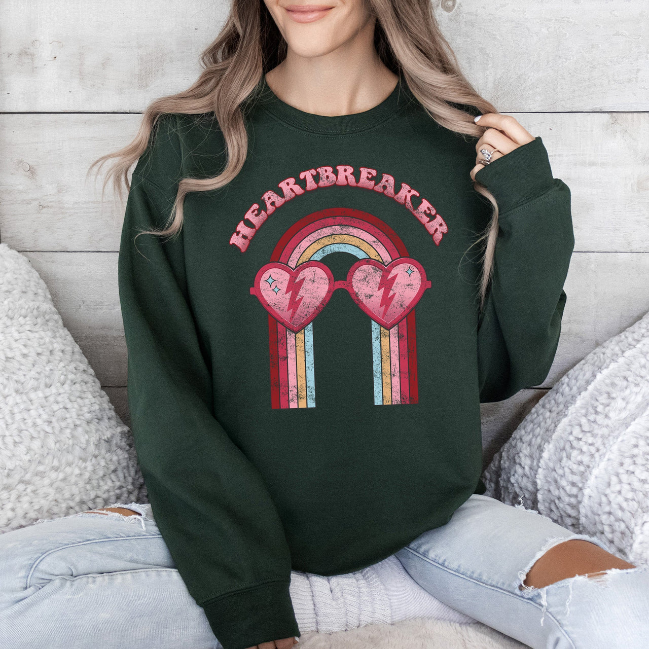 Heart Breaker Love Sunglasses Retro Graphic Statement Cozy Vintage Vibe Valentine's Day Edition Sweatshirt