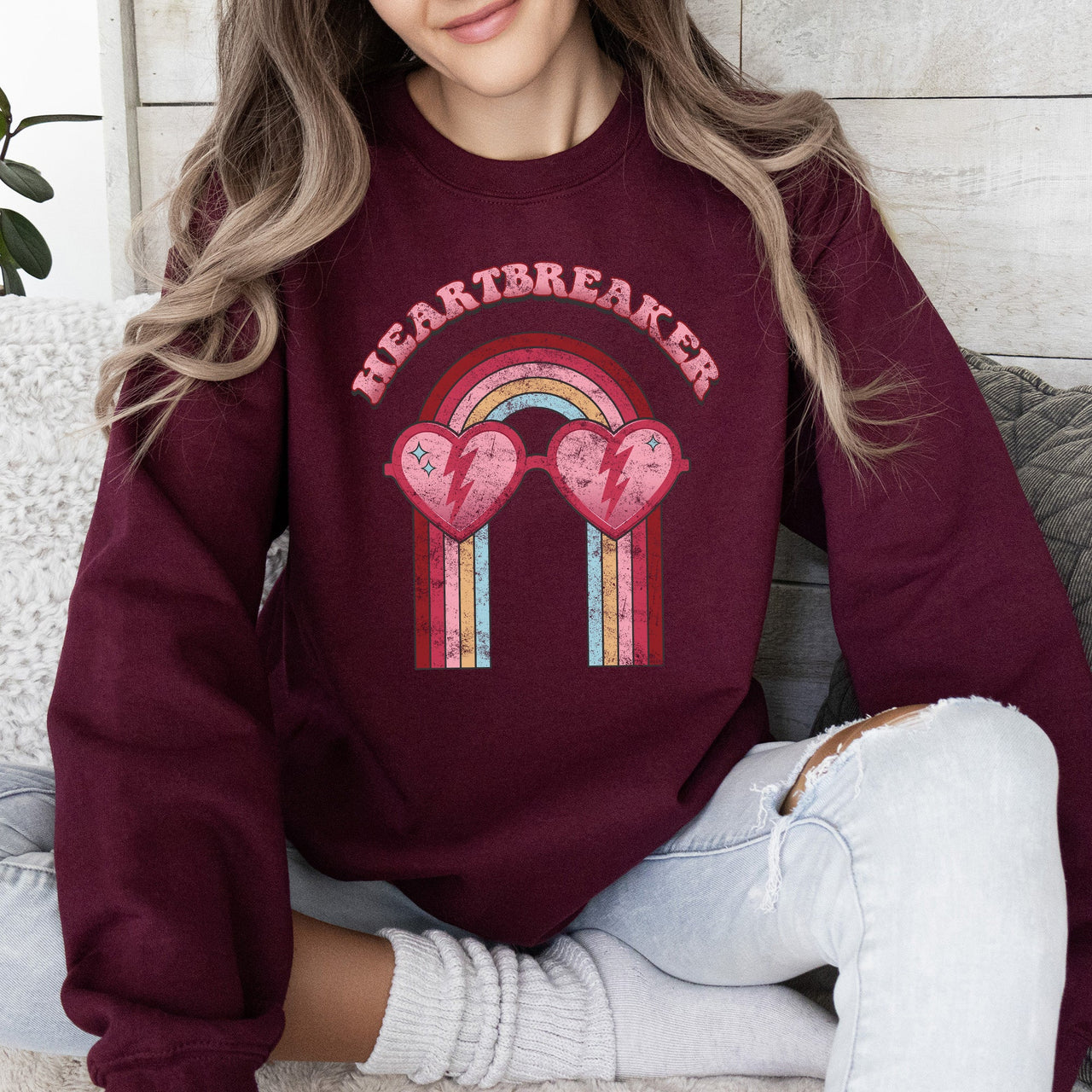 Heart Breaker Love Sunglasses Retro Graphic Statement Cozy Vintage Vibe Valentine's Day Edition Sweatshirt