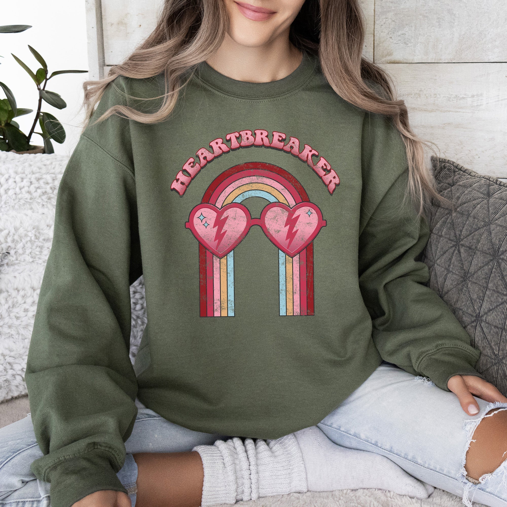 Heart Breaker Love Sunglasses Retro Graphic Statement Cozy Vintage Vibe Valentine's Day Edition Sweatshirt
