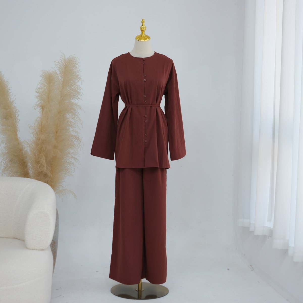 Button-Front Longline Top & Wide-Leg Trouser Set(MS456)