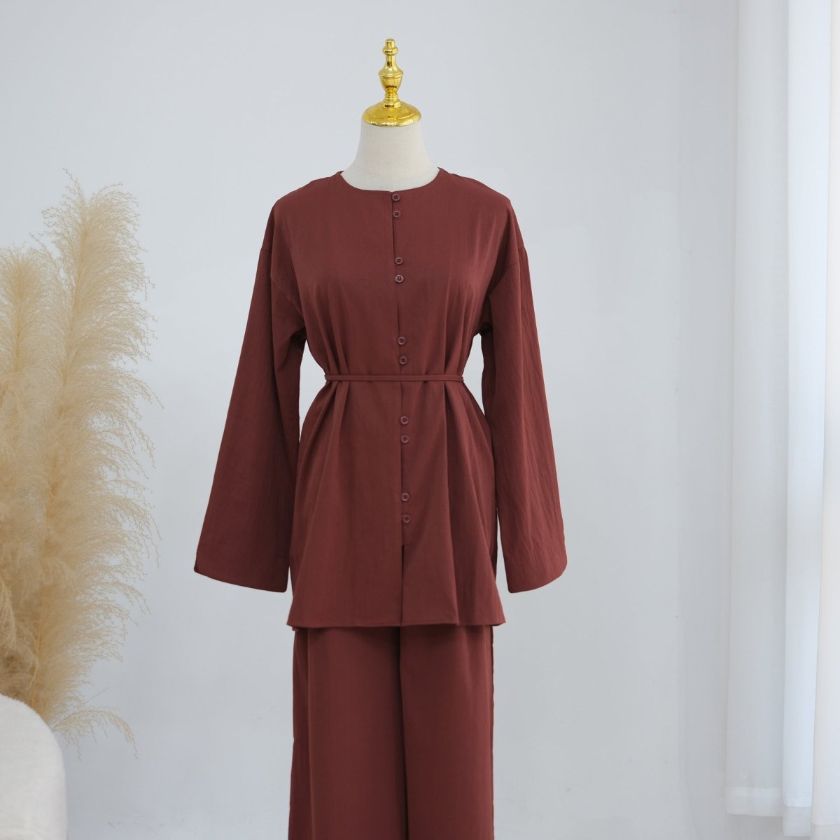 Button-Front Longline Top & Wide-Leg Trouser Set(MS456)
