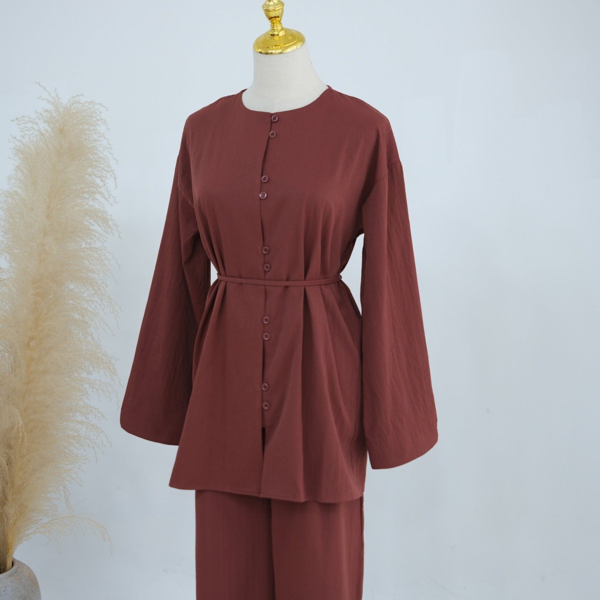 Button-Front Longline Top & Wide-Leg Trouser Set(MS456)