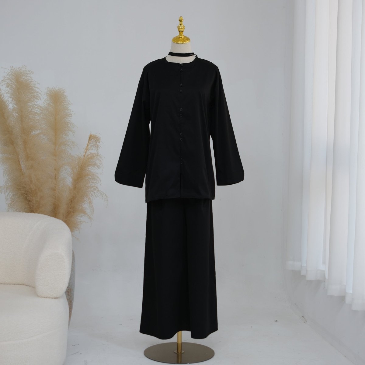 Button-Front Longline Top & Wide-Leg Trouser Set(MS456)