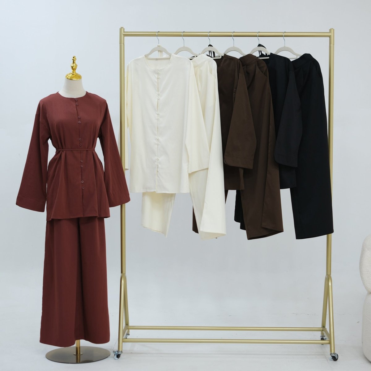Button-Front Longline Top & Wide-Leg Trouser Set(MS456)